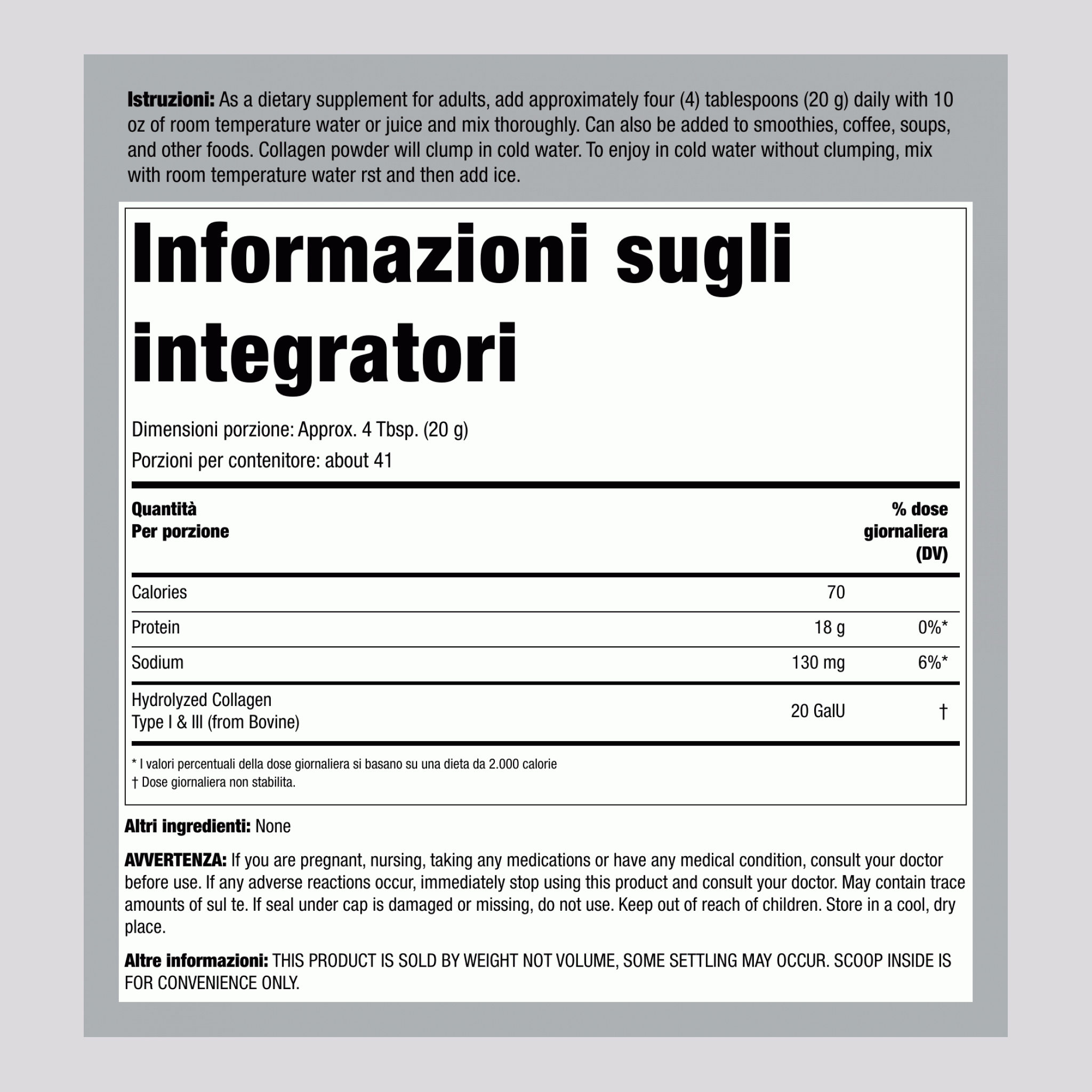 Peptidi di Collagene Tipo I e III in Polvere, Bottiglia da 10 oz (283 g)