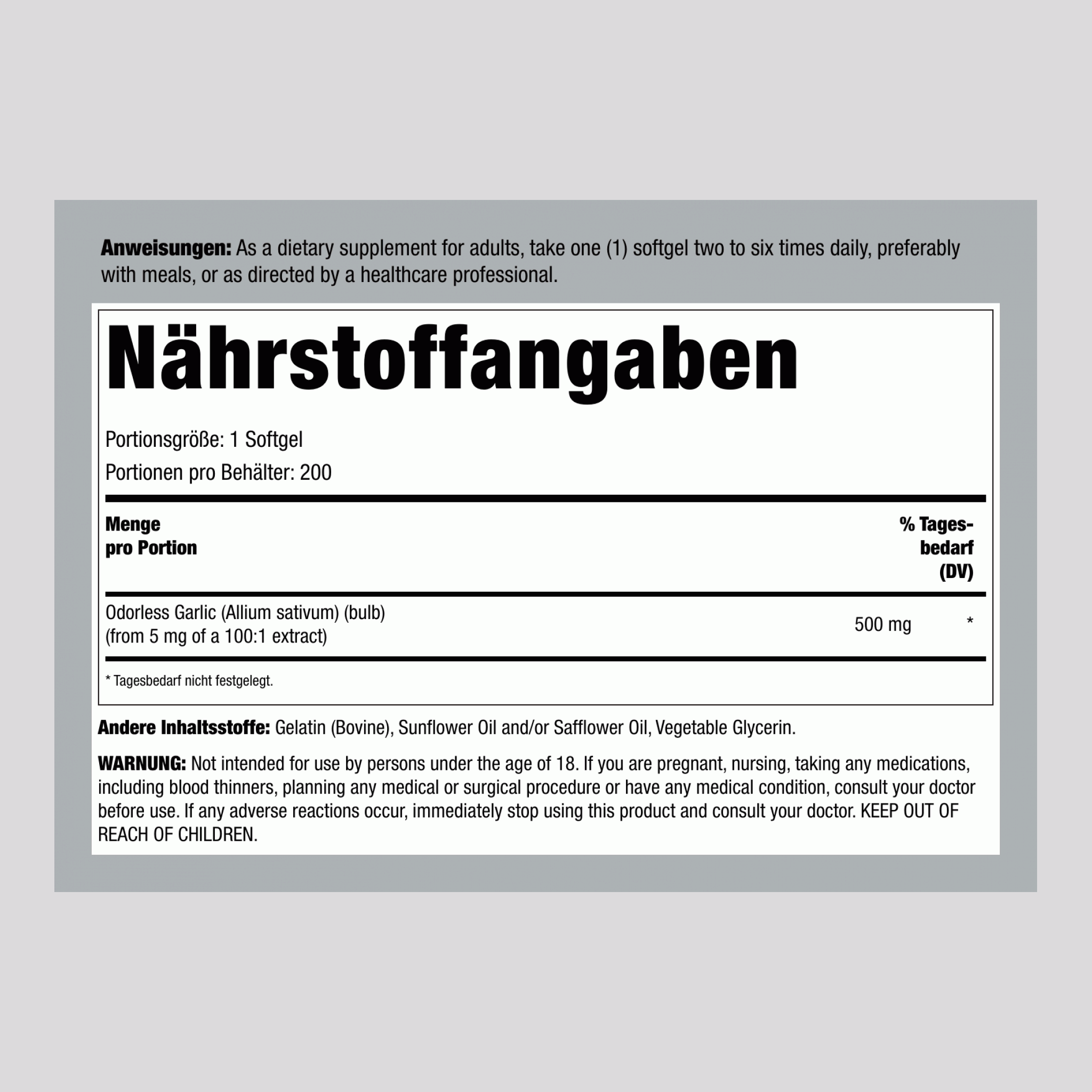 Geruchloser Knoblauch, 500 mg (pro Portion), 100 Weichkapseln