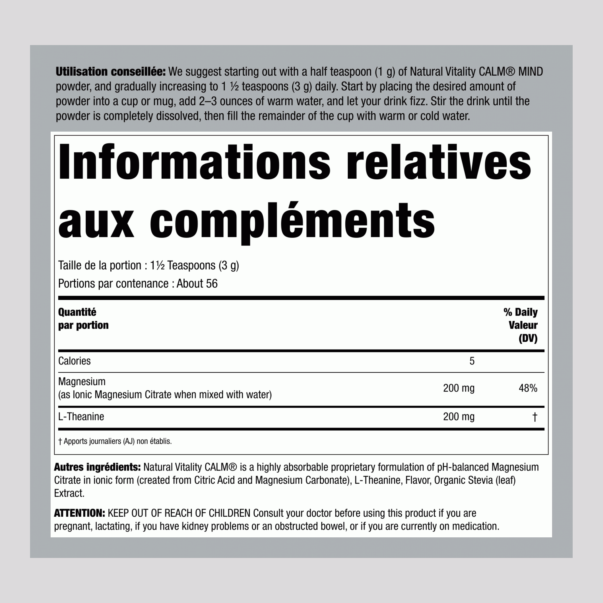 Poudre de Citrate de Magnésium avec L-Théanine (Miel et Camomille), Bouteille de 6 oz (168 g)
