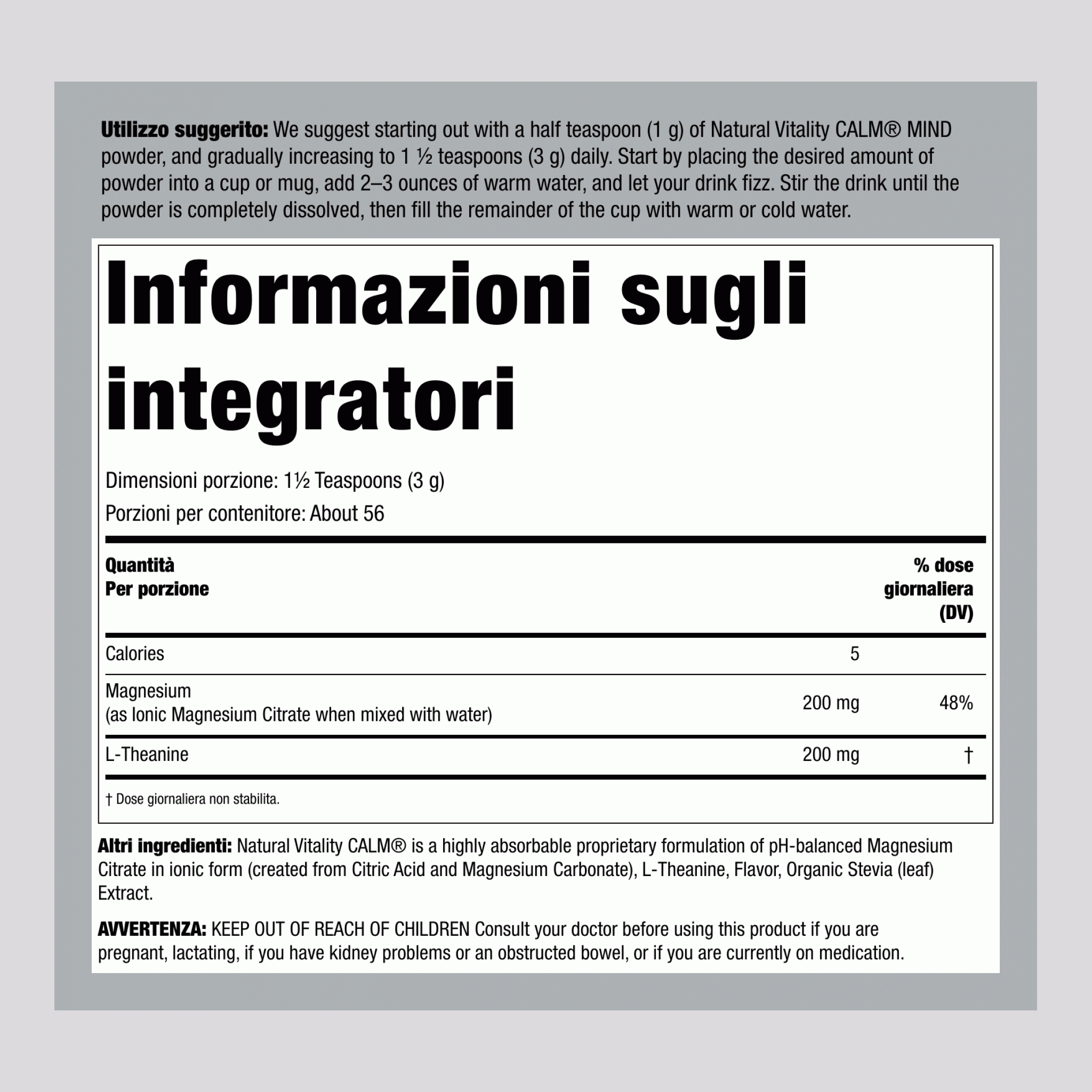 Polvere di Citrato di Magnesio con L-Teanina (Miele e Camomilla), Flacone da 6 oz (168 g)