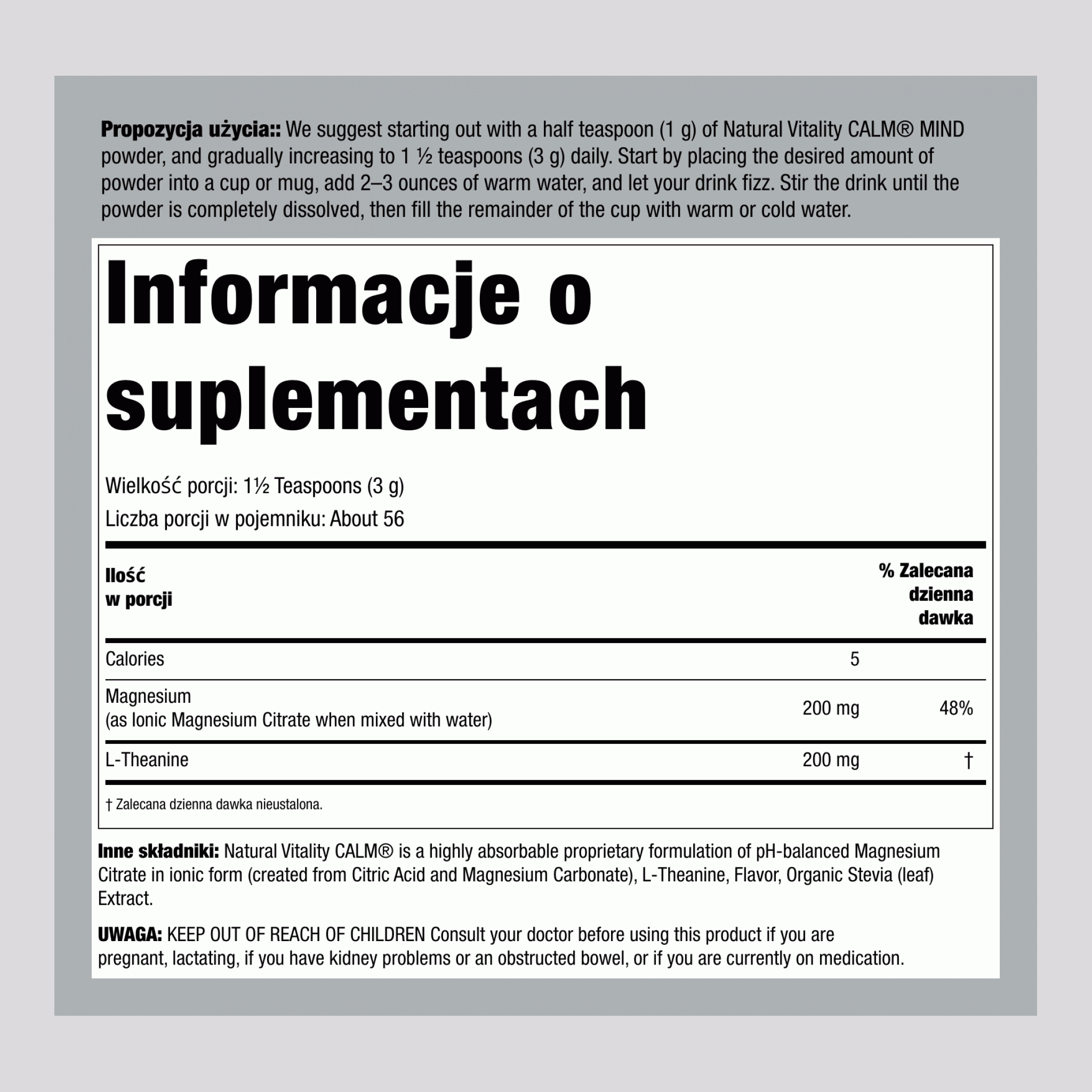 Proszek cytrynianu magnezu z L-teaniną (miód i rumianek), 168 g (6 oz) butelka