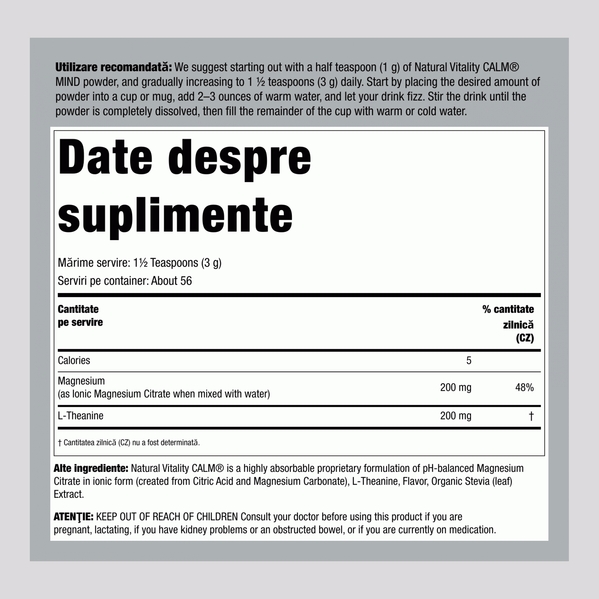 Pulbere de citrat de magneziu cu L-Teanină (Miere și Mușețel), 6 oz (168 g), Sticlă