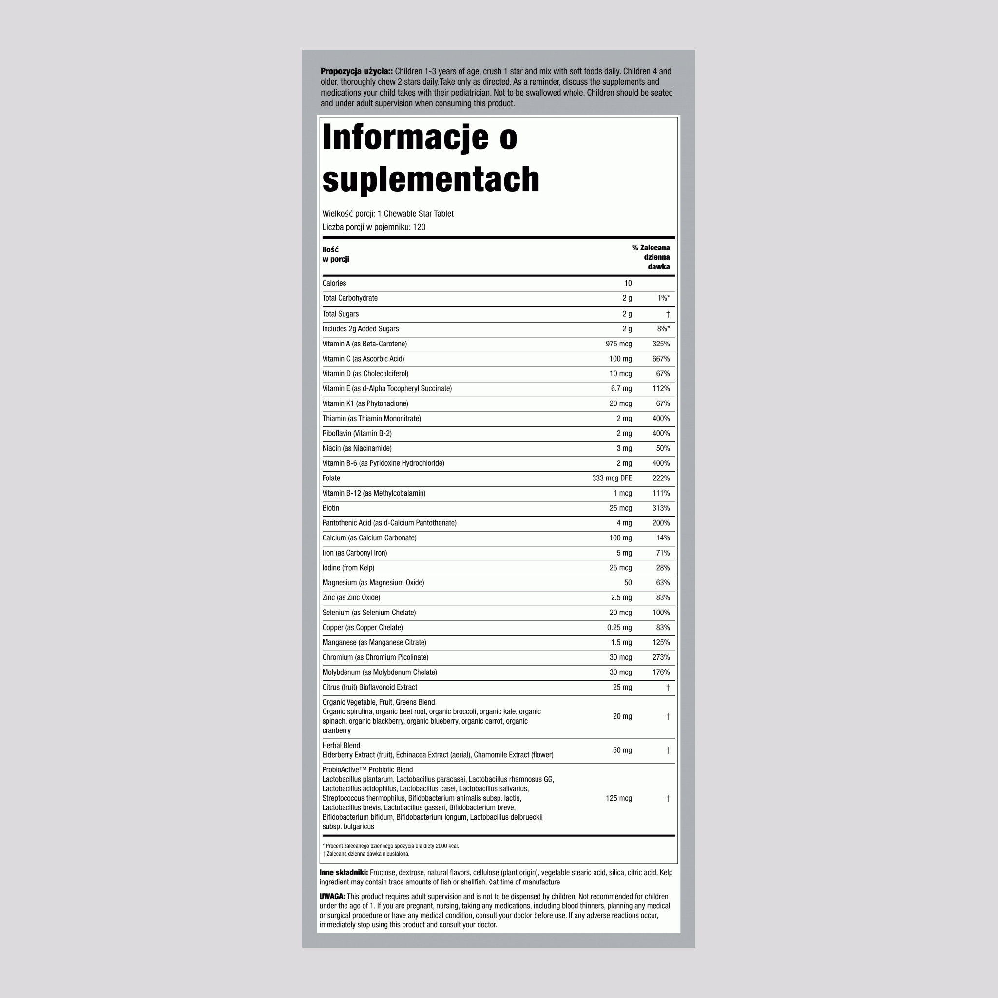 Jednowitaminowy suplement dla dzieci (smak owocowego ponczu), 120 tabletek do żucia