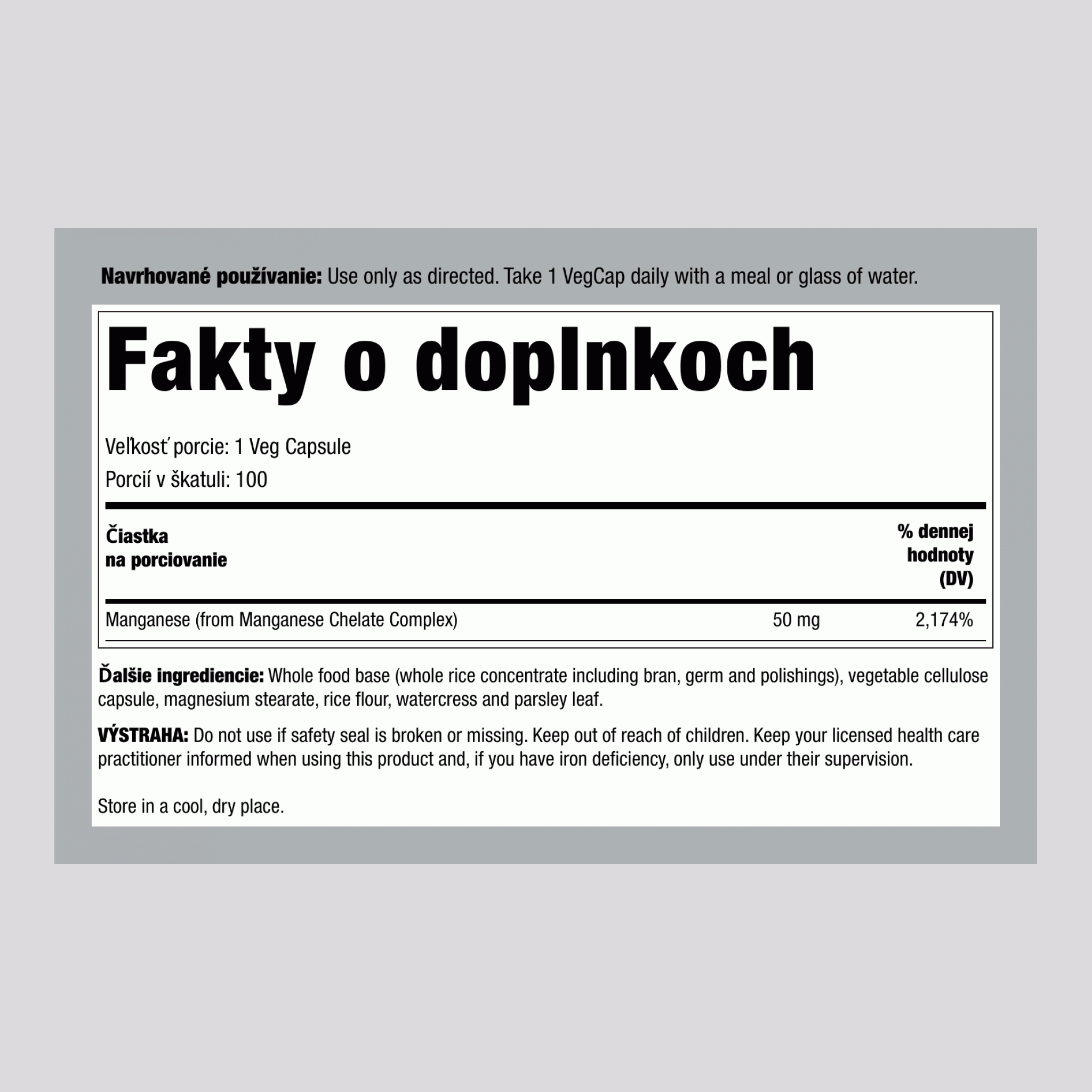 Mangán, 50 mg, 100 VegCaps