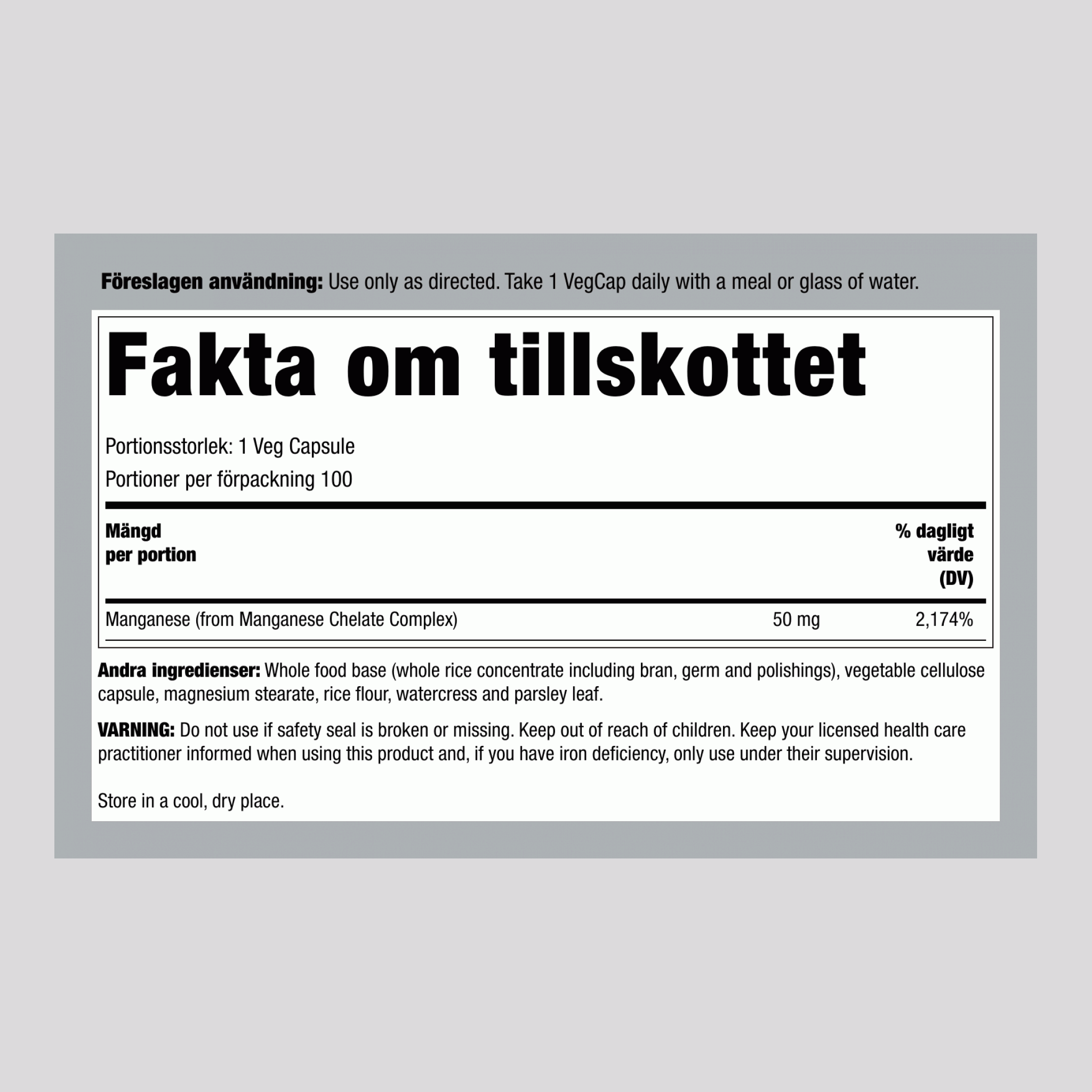 Mangan, 50 mg, 100 VegCaps