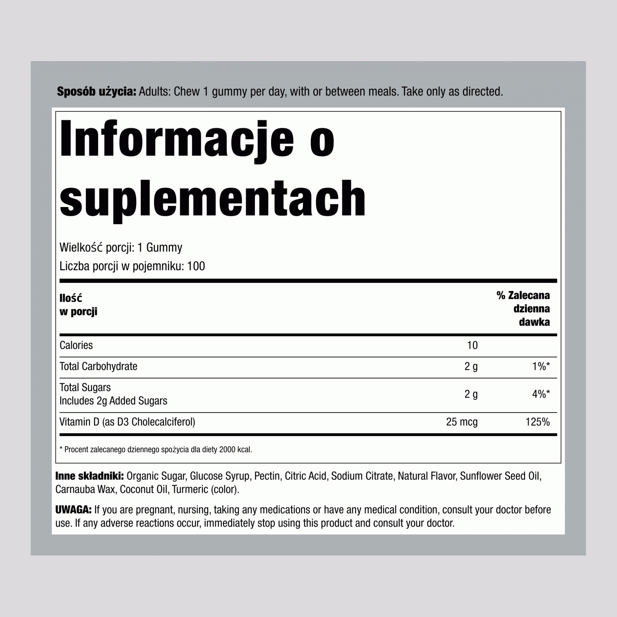 Witamina D3 1,000 IU (Smaczny Cytrynowy), 100 Żelek