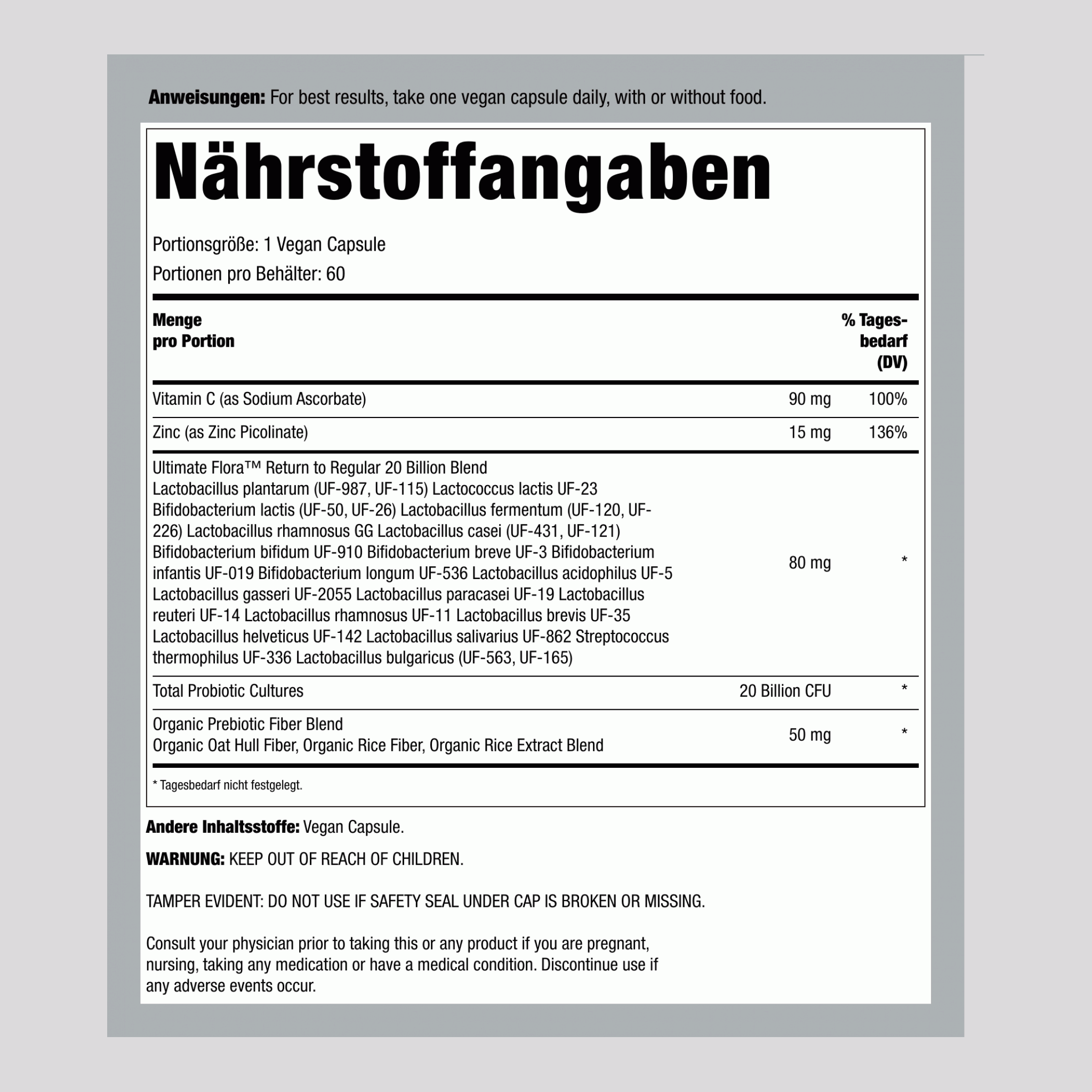 Probiotikum 20 Milliarden Rückkehr zur Regelmäßigkeit, 60 vegane Kapseln