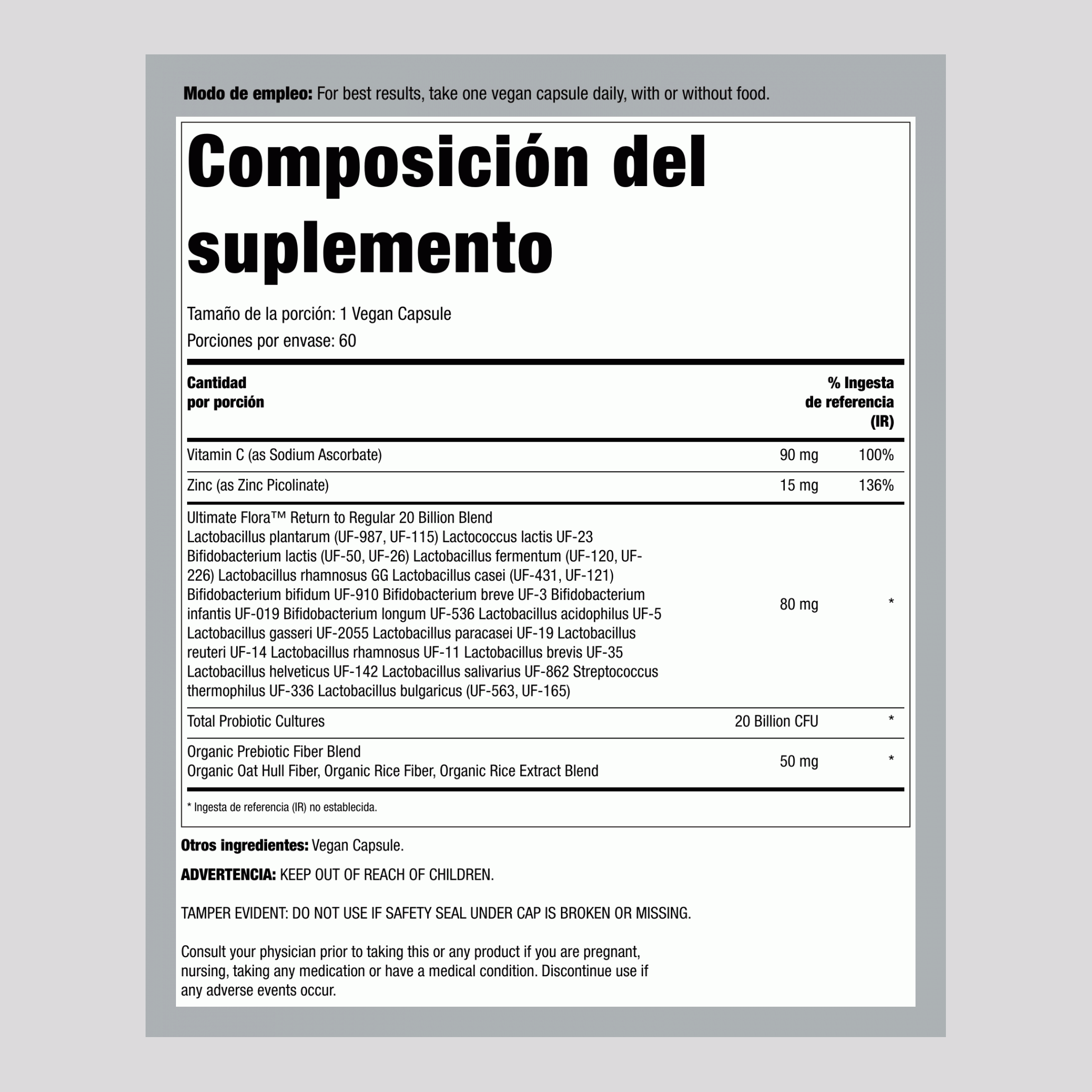 Probiótico 20 Mil Millones Regreso a la Regularidad, 60 Cápsulas Veganas
