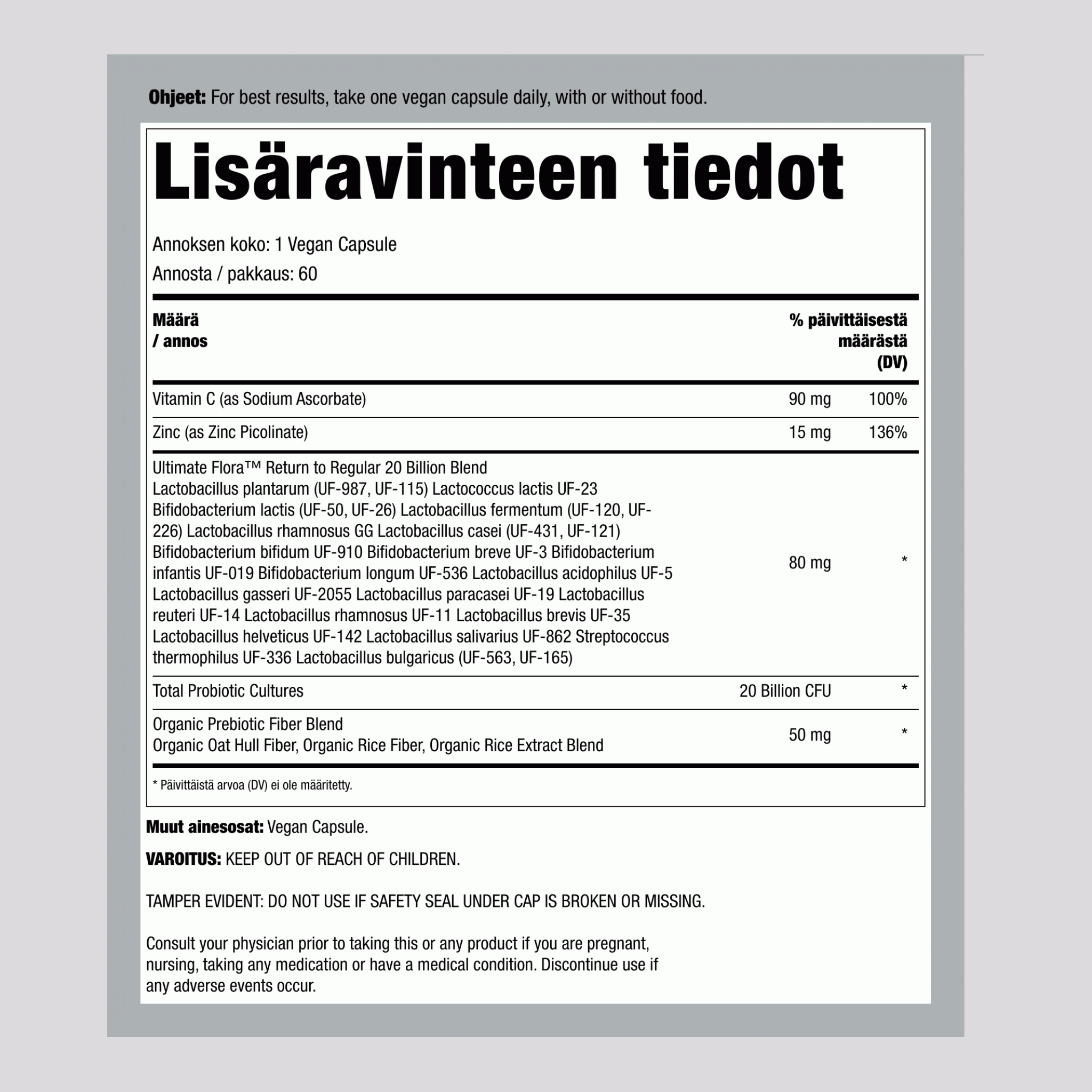 Probiootti 20 Miljardia Paluu Säännölliseen, 60 Vegaanikapselia