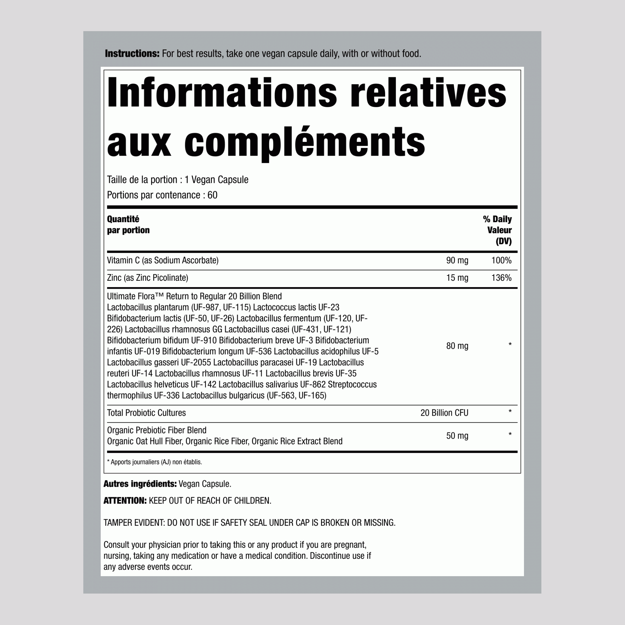 Probiotique 20 Milliards Retour à la Régularité, 60 Capsules Végétaliennes