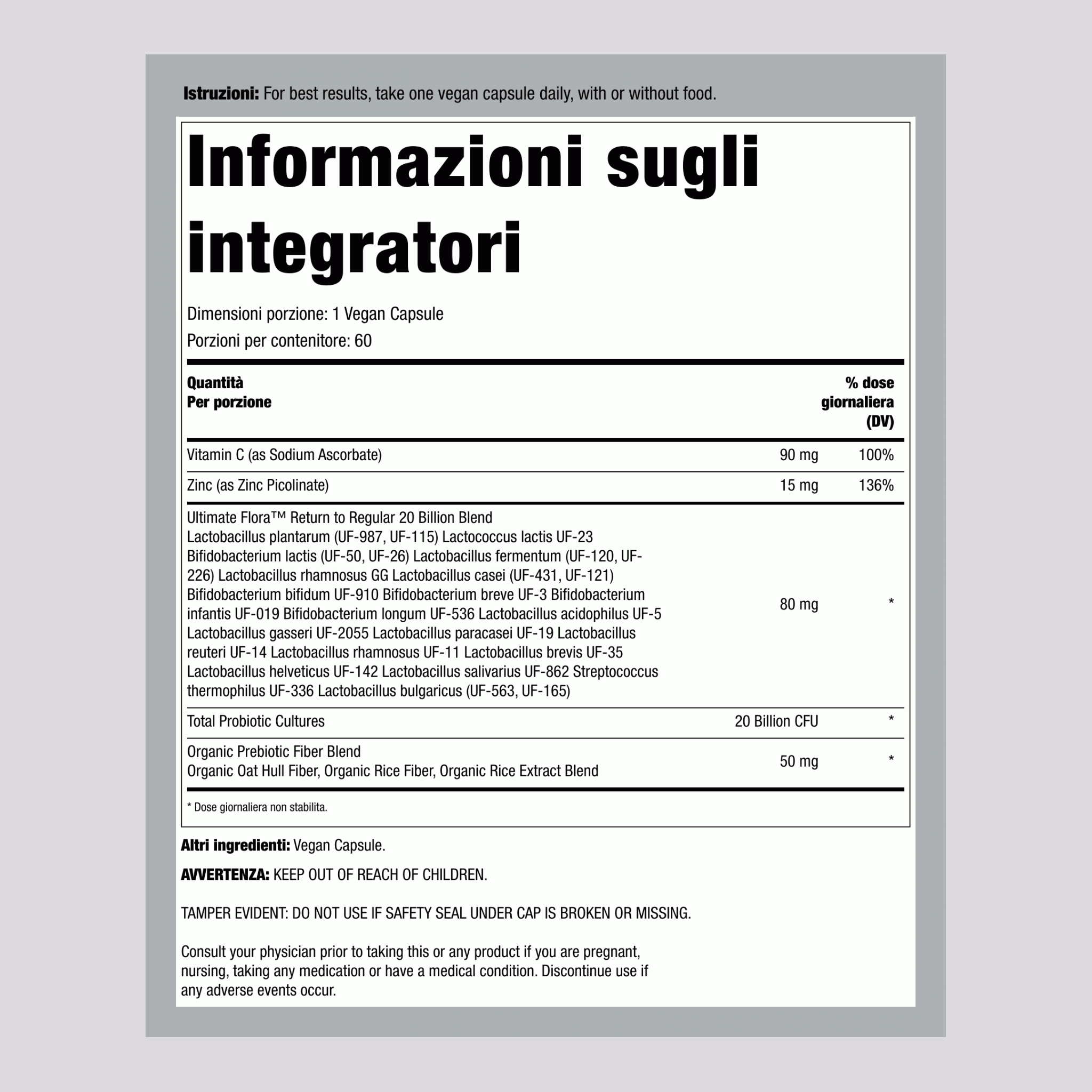Probiotico 20 Miliardi Ritorno alla Regolarità, 60 Capsule Vegane