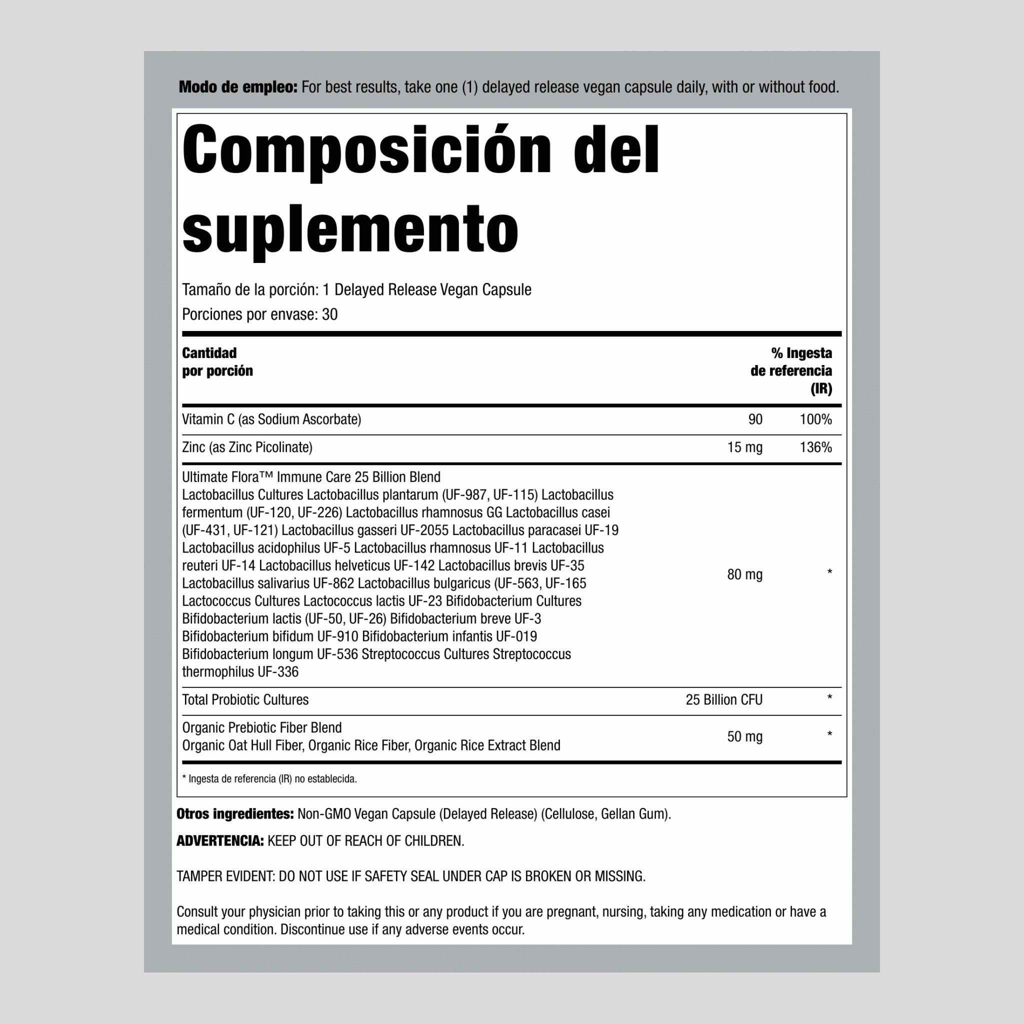 Probiótico, 25 Mil Millones UFC, 30 Cápsulas Veganas de Liberación Retardada