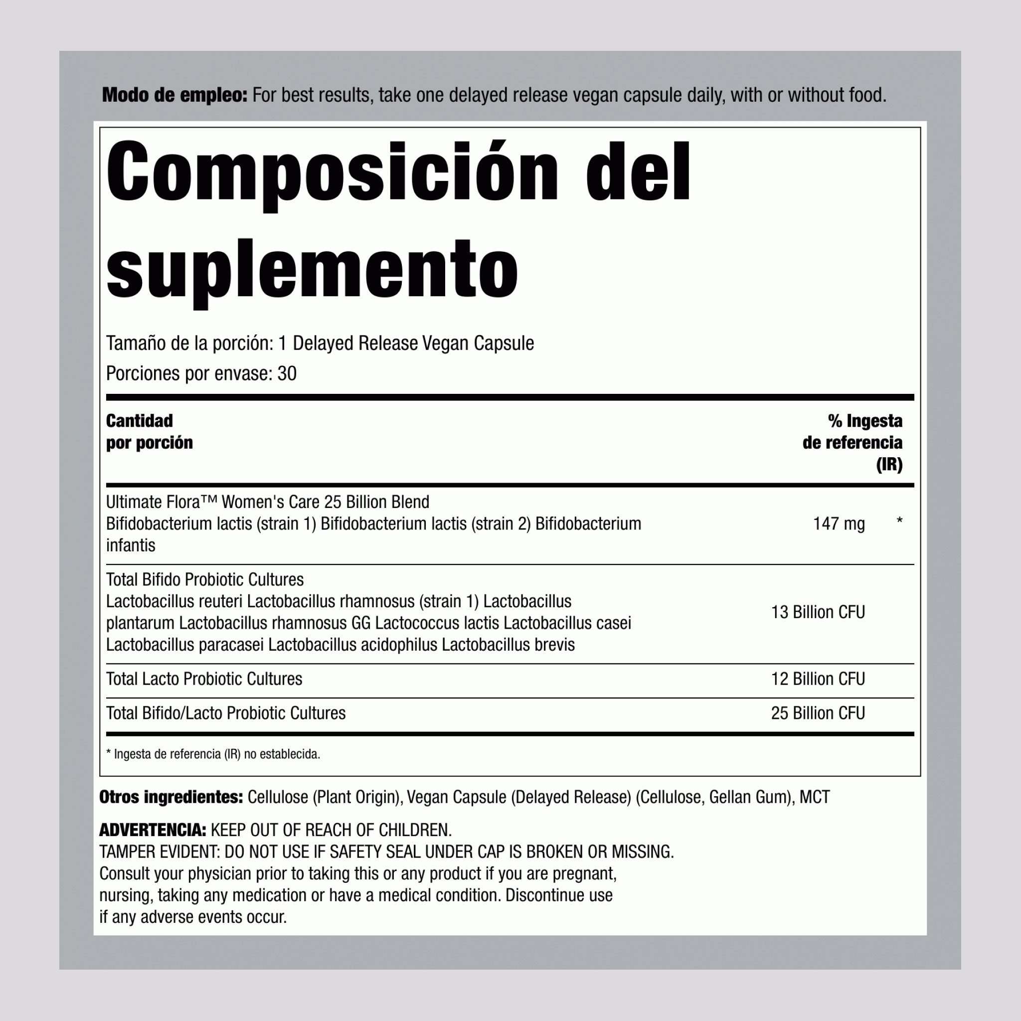 Prebiótico y Probiótico para Mujeres 25 Mil Millones de UFC, 30 Cápsulas Veganas de Liberación Retardada