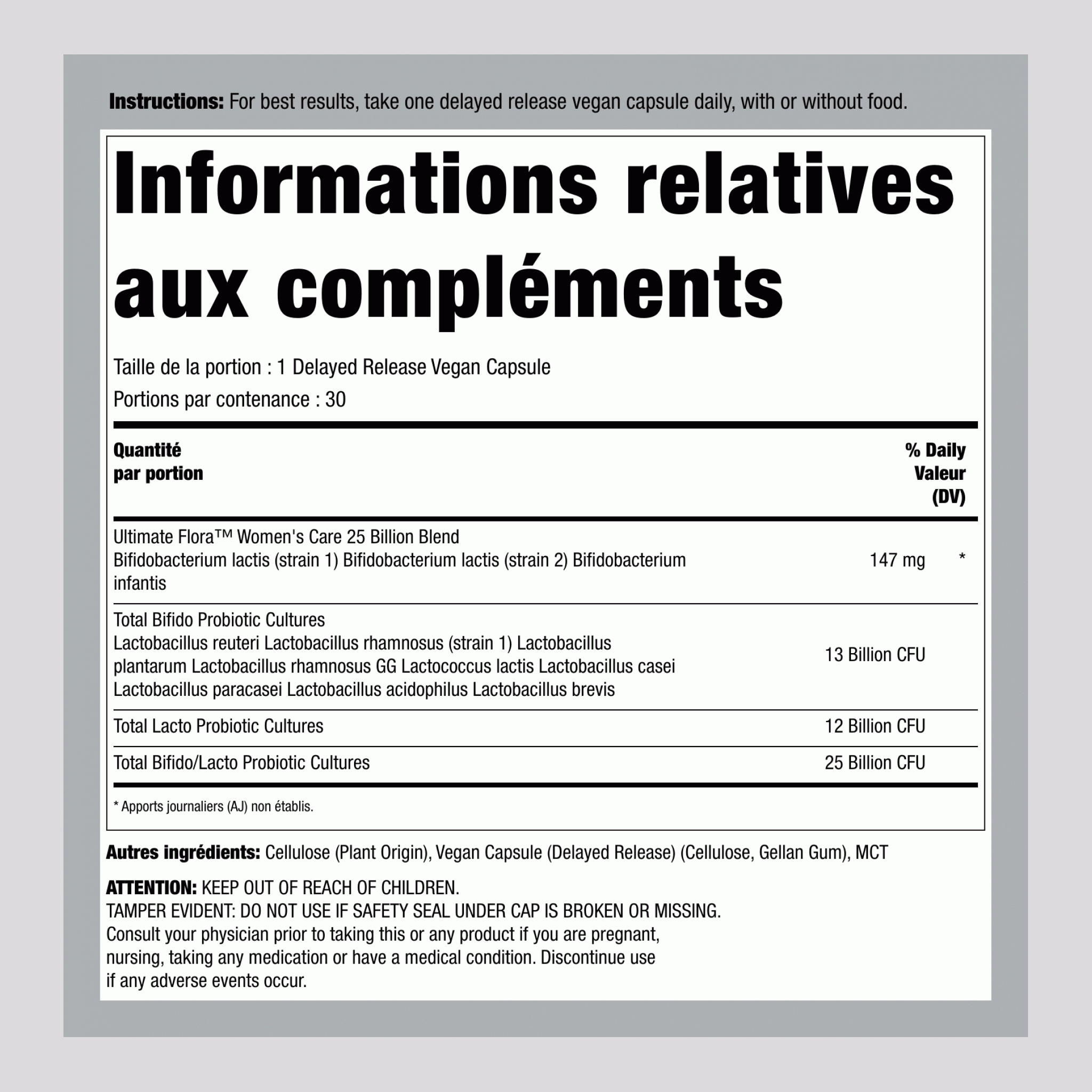 Prébiotiques & Probiotiques Femme 25 Milliards UFC, 30 Capsules Végétaliennes à Libération Retardée