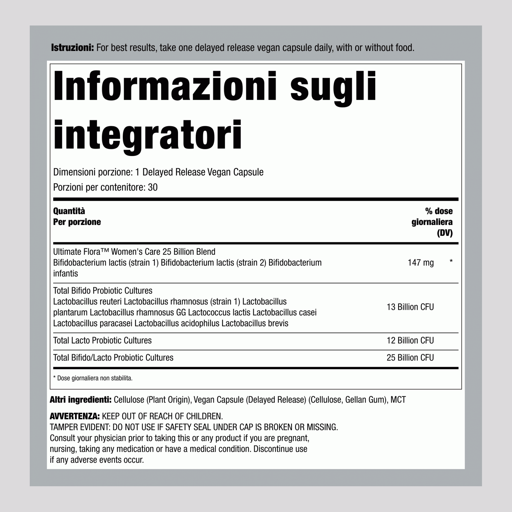Prebiotico e Probiotico Donna 25 Miliardi di CFU, 30 Capsule Vegetali a Rilascio Ritardato