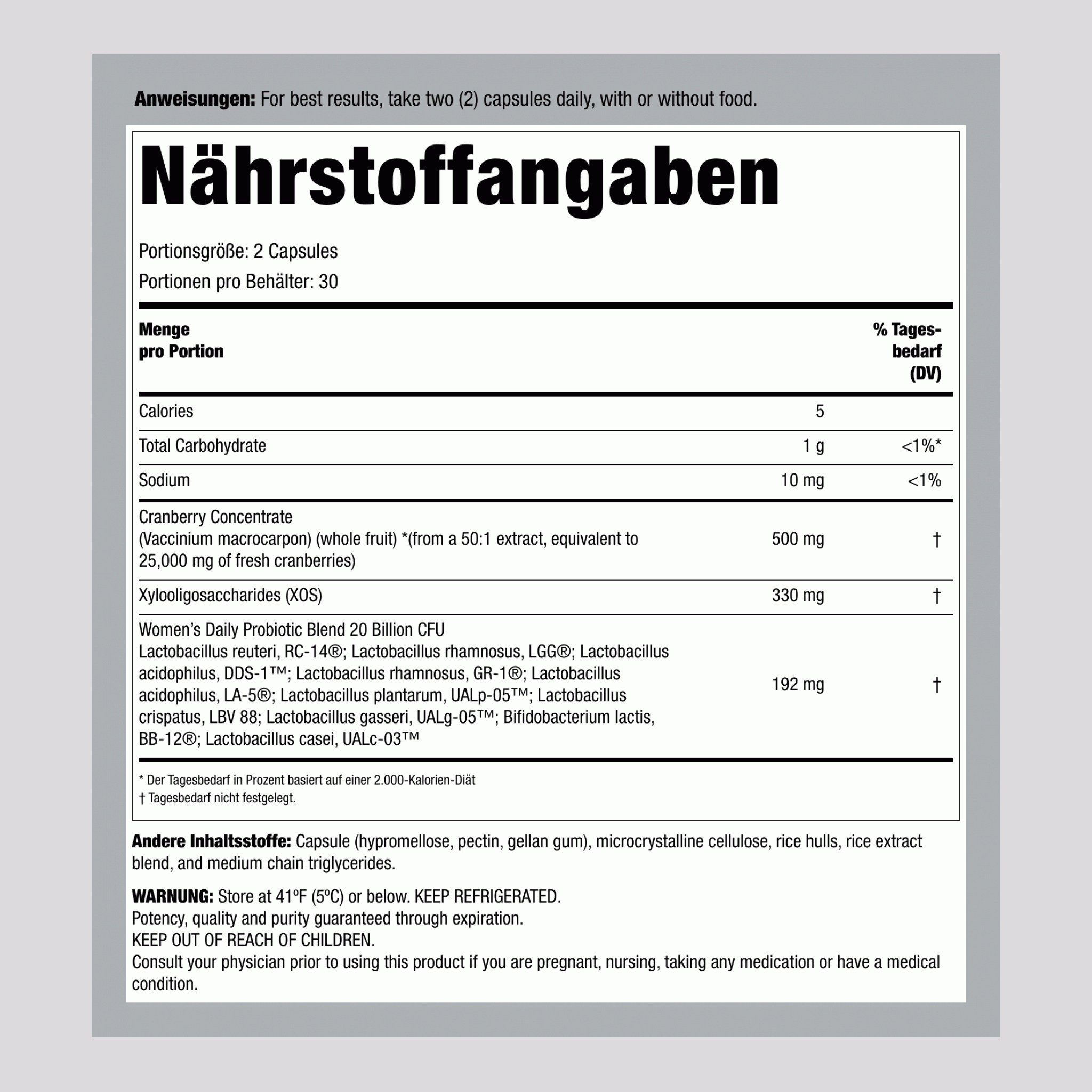 Frauen Probiotikum 10 Stämme 20 Milliarden Organismen plus Cranberry, 60 vegetarische Kapseln