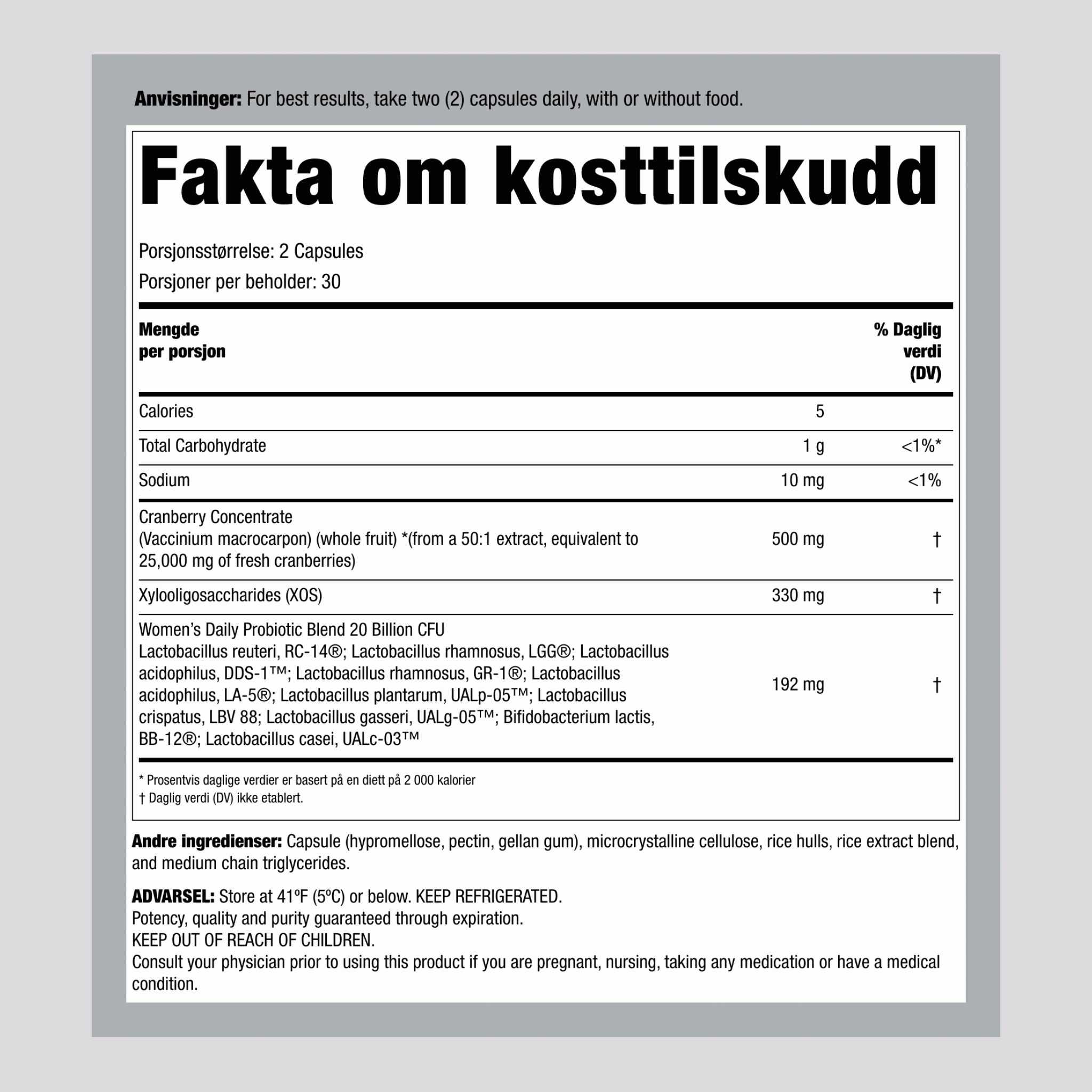 Kvinners Probiotika 10 Stammer 20 Milliarder Organismer pluss Tranebær, 60 Vegetariske Kapsler