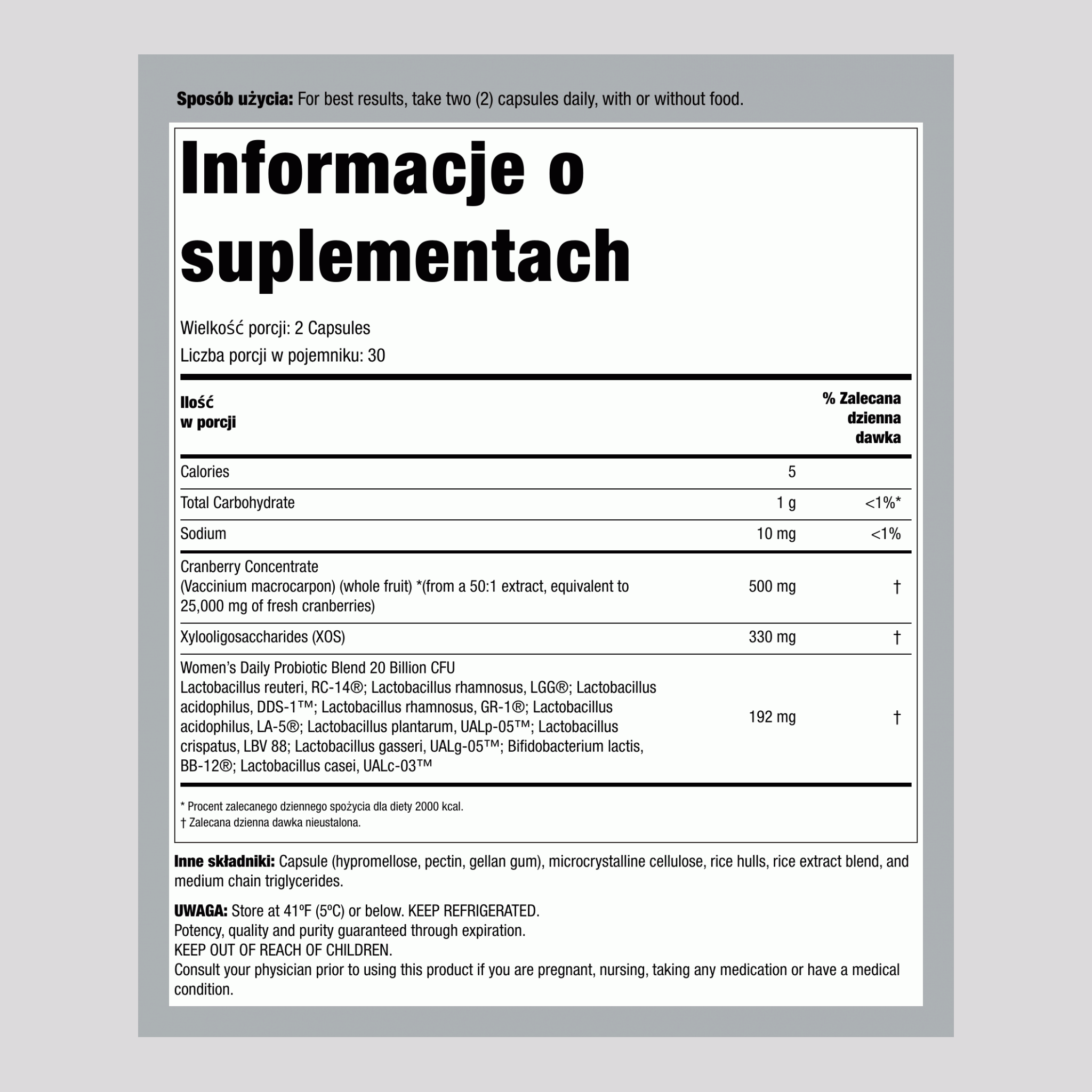 Probiotyk dla kobiet, 10 szczepów, 20 miliardów organizmów plus żurawina, 60 kapsułek wegetariańskich