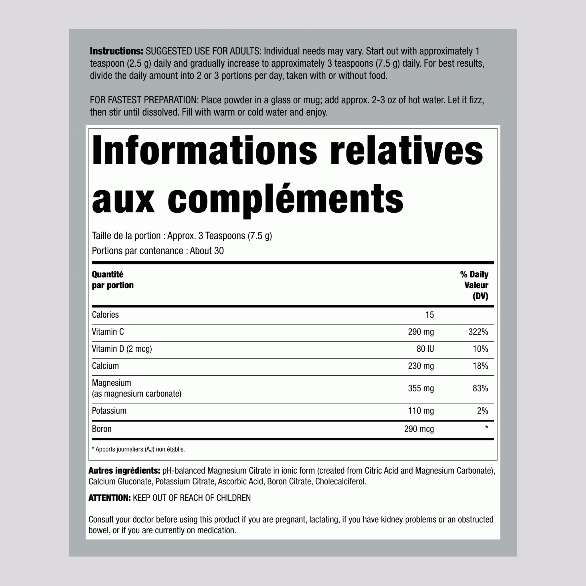 Poudre de Citrate de Magnésium, Bouteille de 8 oz (227 g)