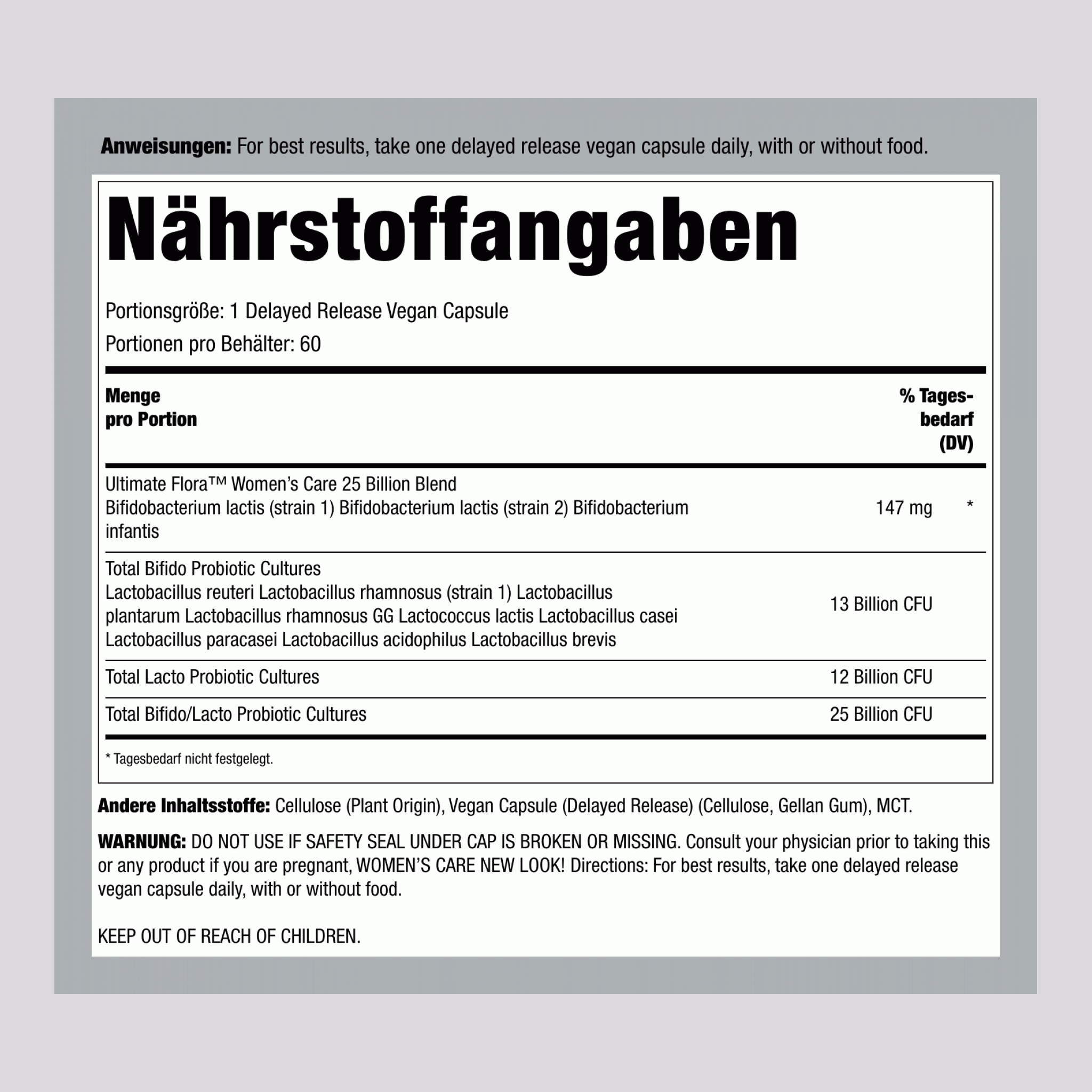 Frauen Präbiotika & Probiotika 25 Milliarden KBE, 60 zeitverzögerte vegane Kapseln