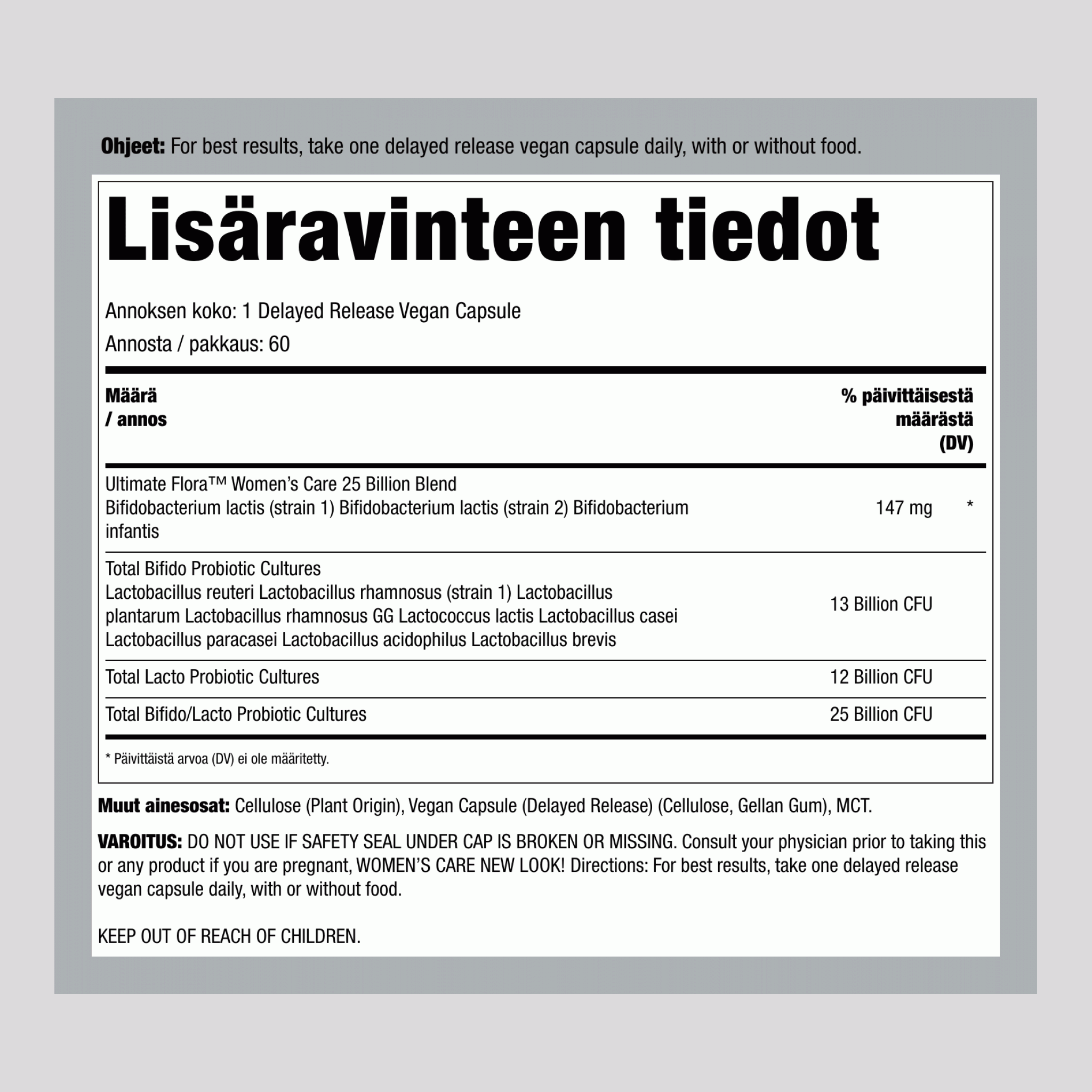 Naisten prebiootti ja probiootti 25 miljardia CFU:ta, 60 viivästettyä vapautusta, vegaaniset kapselit
