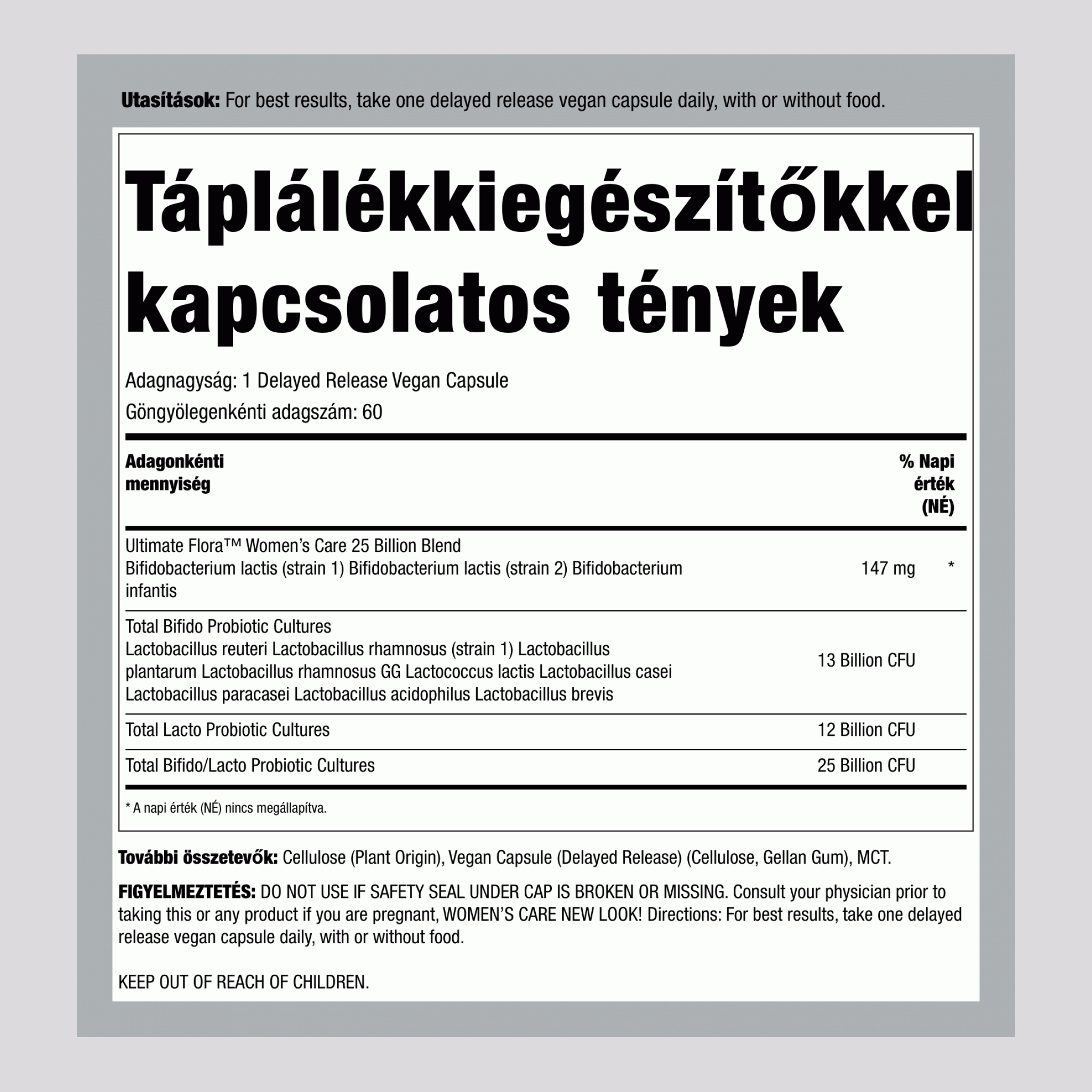 Női Prebiotikum és Probiotikum 25 Milliárd CFU, 60 Késleltetett Kiadású Vegán Kapszula