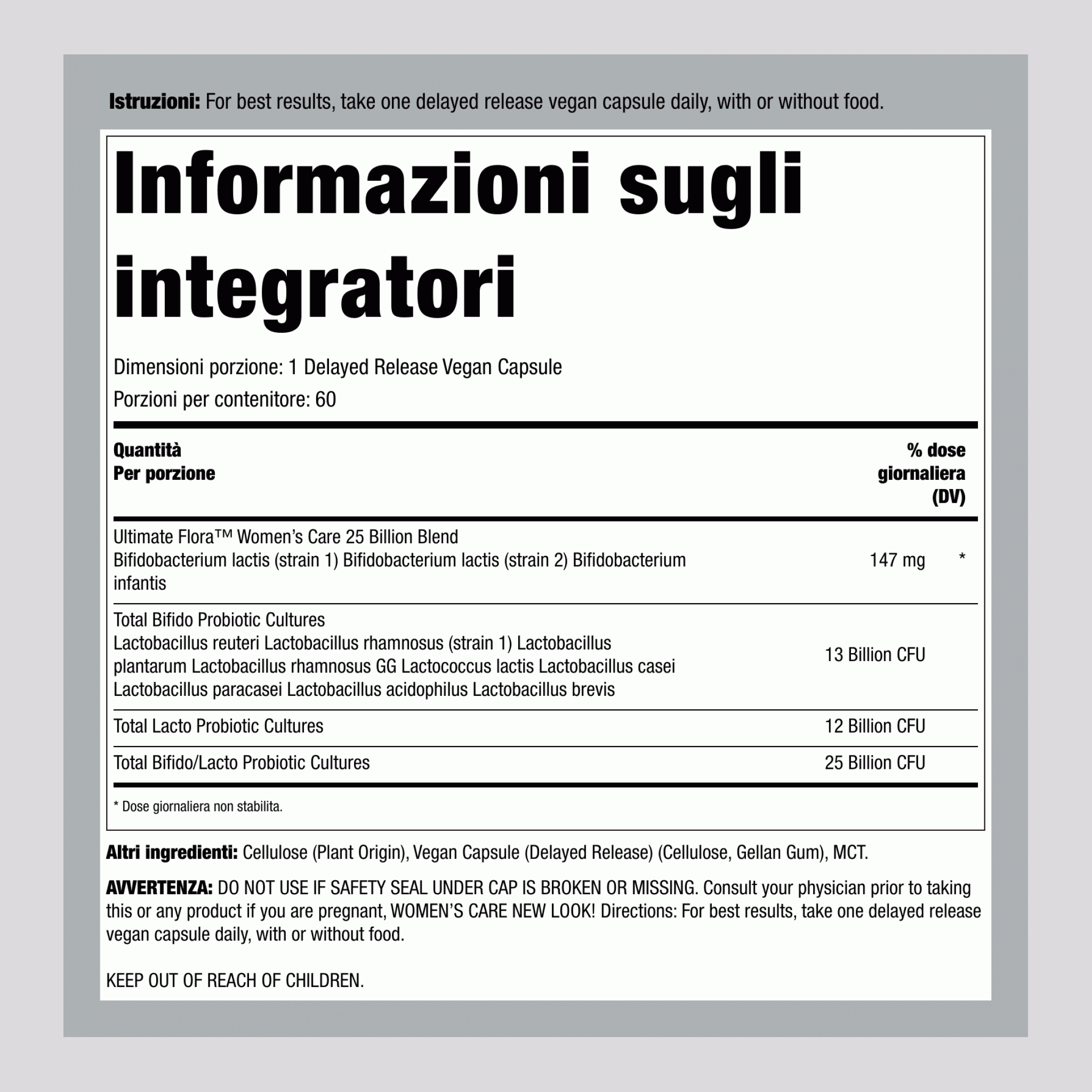 Prebiotici e Probiotici per Donne 25 Miliardi di CFU, 60 Capsule Vegane a Rilascio Ritardato