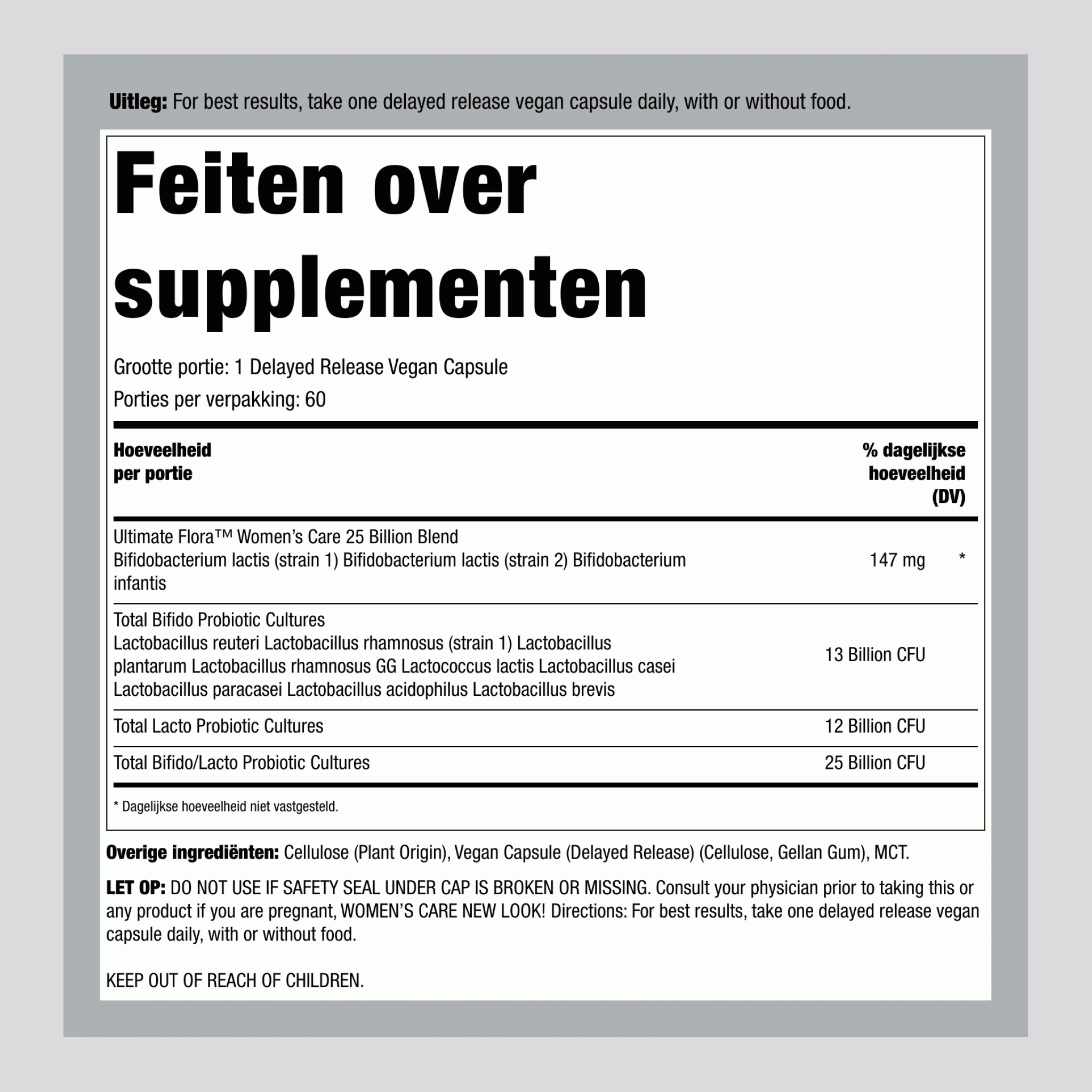 Vrouwen Prebioticum & Probioticum 25 Miljard CFU, 60 Vertraagde Vrijgave Veganistische Capsules