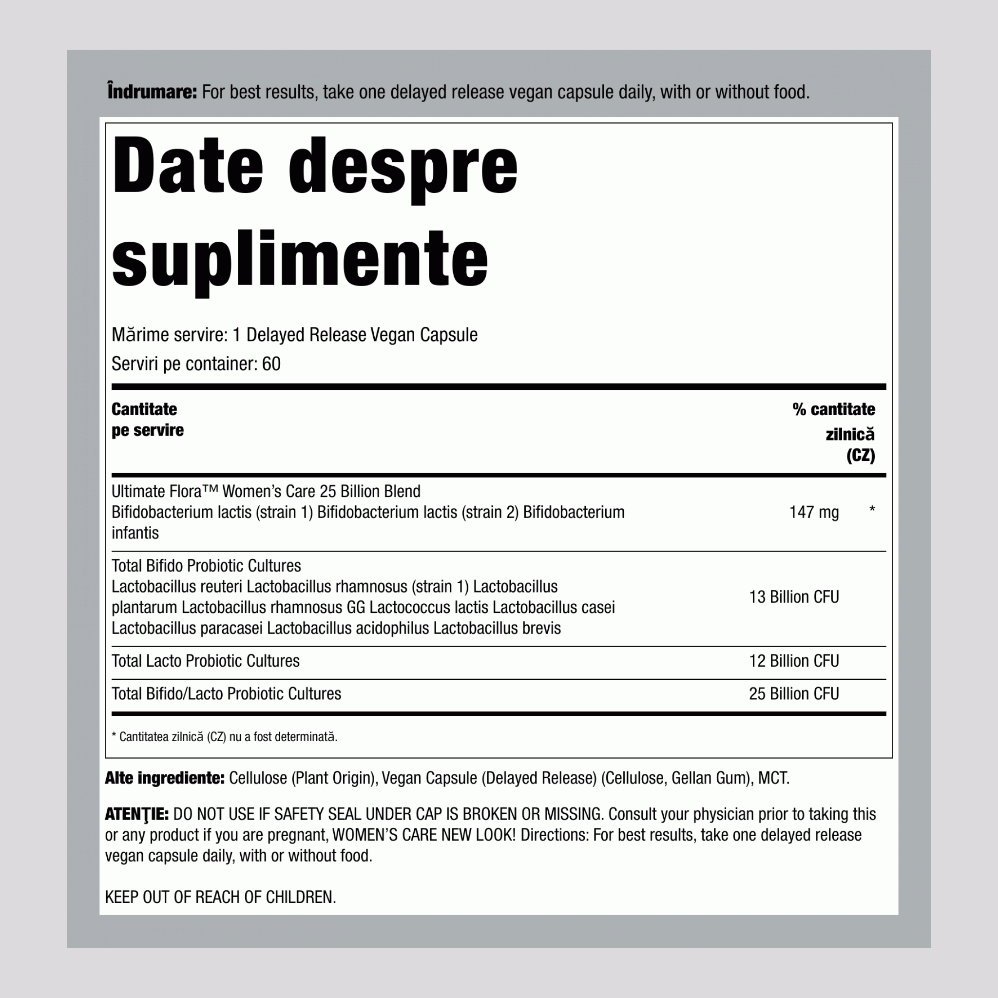 Prebiotic și Probiotic pentru Femei 25 Miliarde UFC, 60 Capsule Vegane cu Eliberare Întârziată