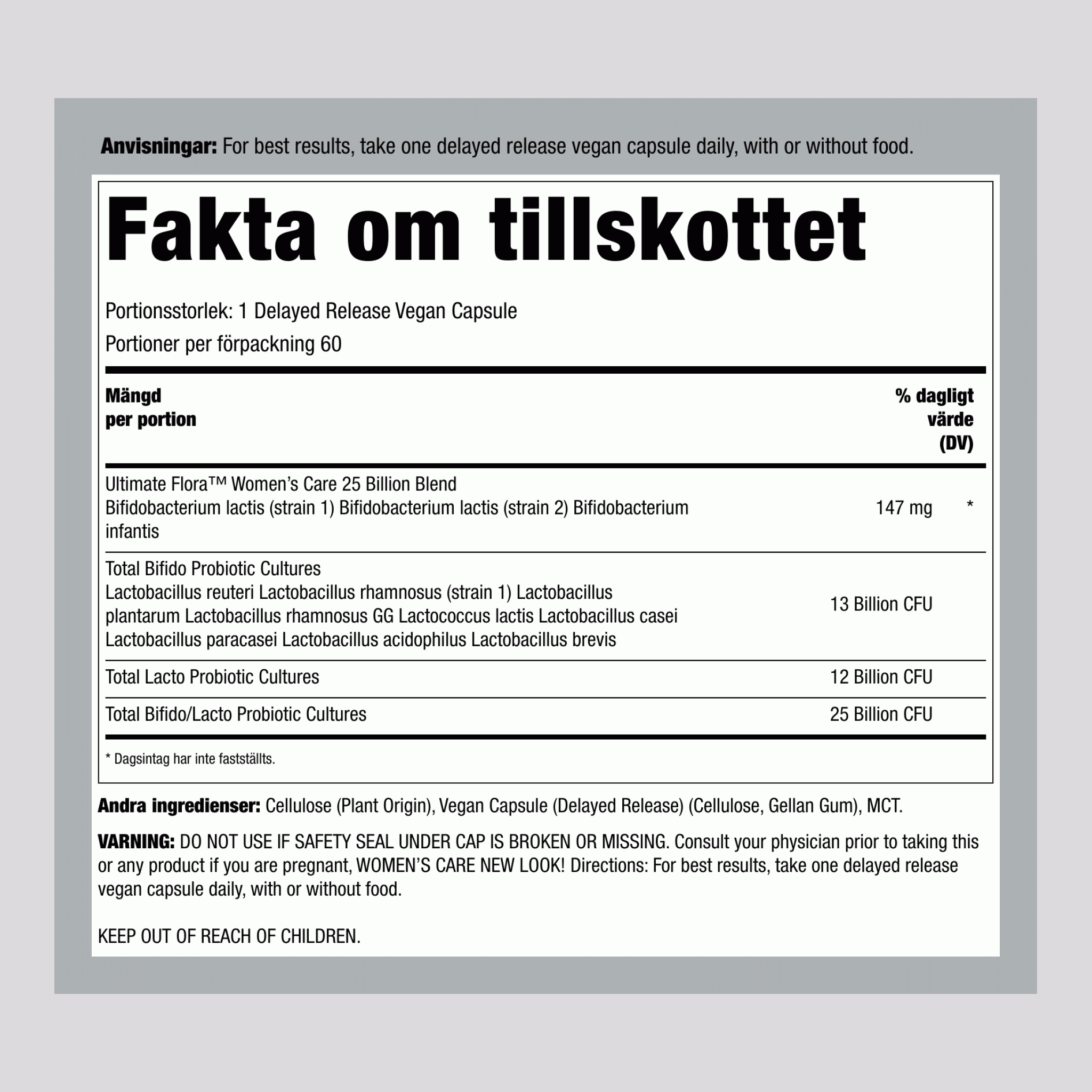 Kvinnors Prebiotika & Probiotika 25 Miljarder CFU, 60 Fördröjda Frisläppnings Veganska Kapslar