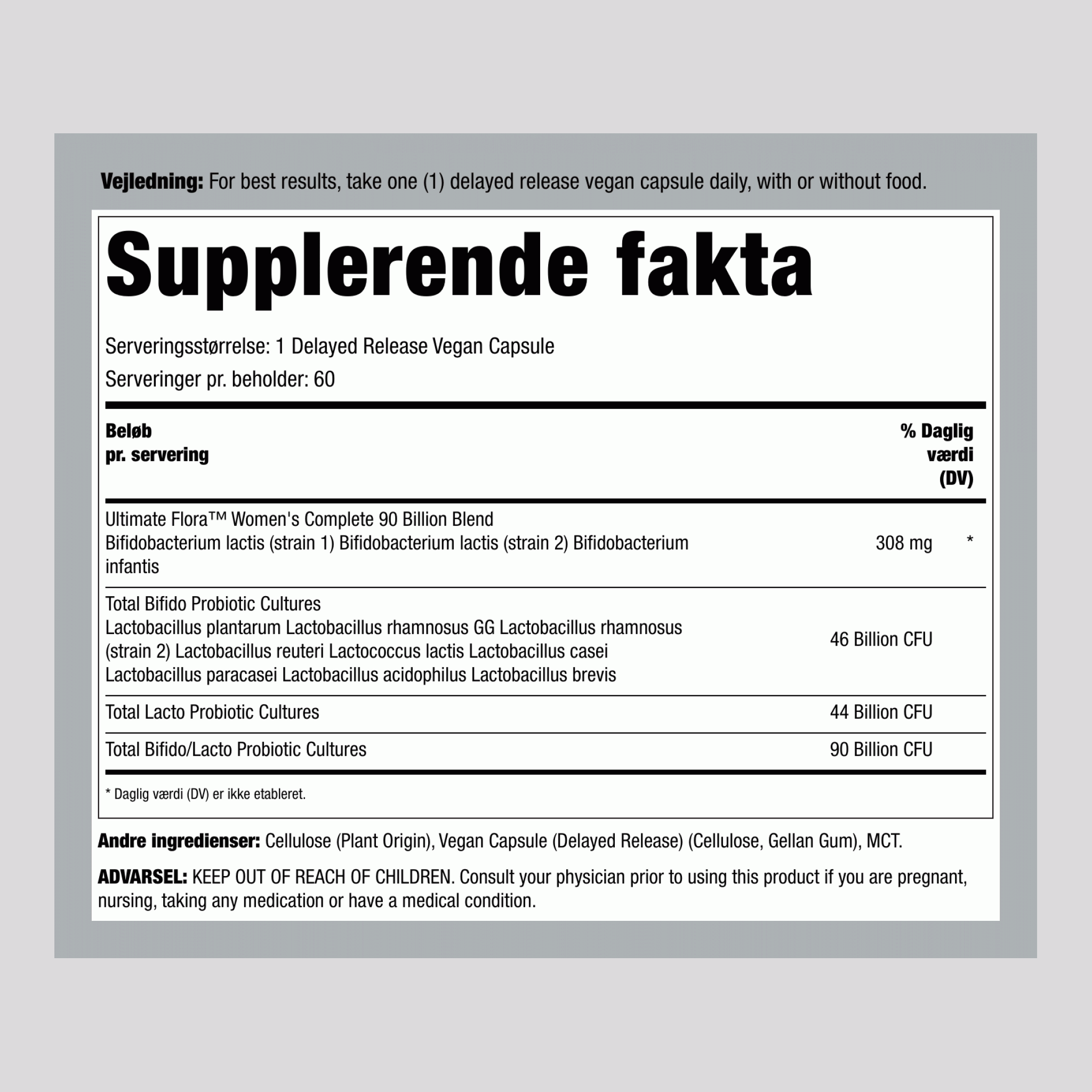 Kvindens Probiotika 12 Stammer 90 Milliarder Organismer, 60 Forsinket Frigivelse Veganske Kapsler