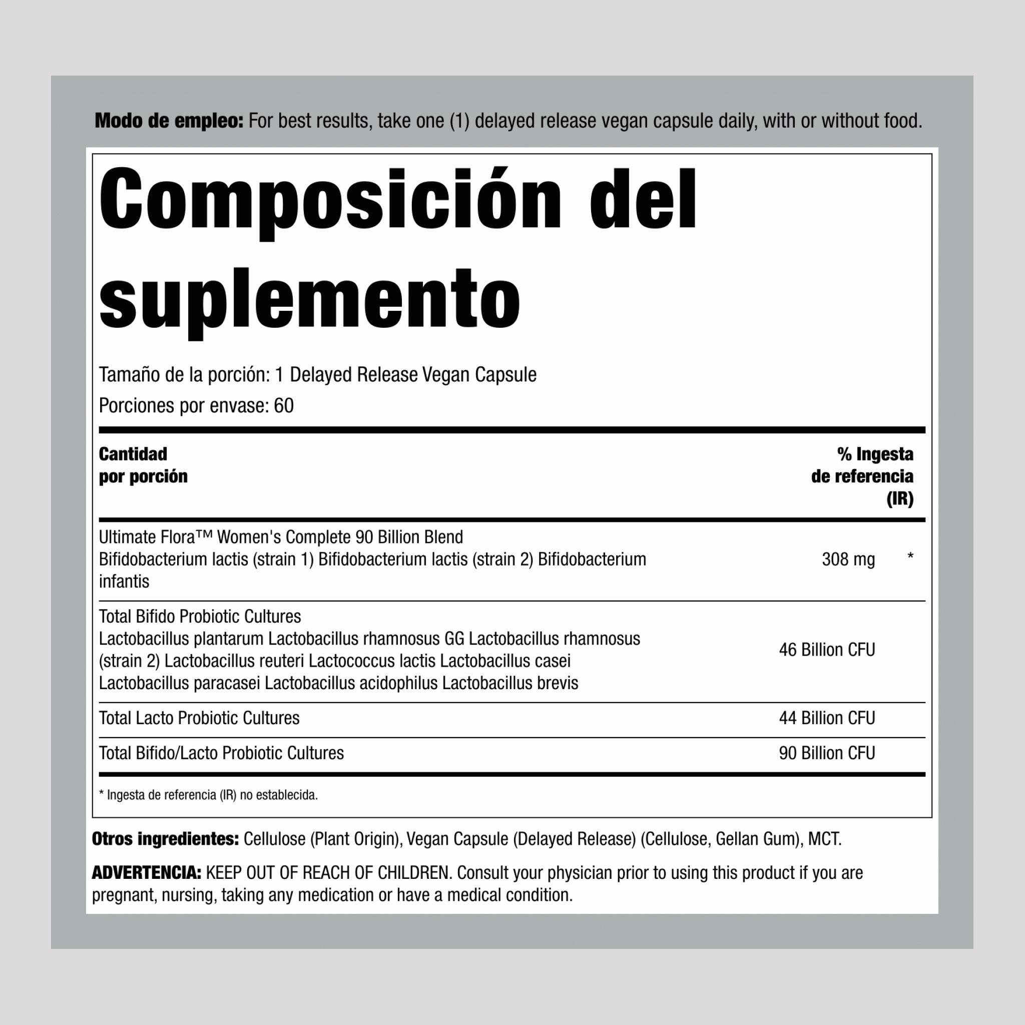 Probiótico para Mujeres 12 Cepas 90 Mil Millones de Organismos, 60 Cápsulas Veganas de Liberación Retardada