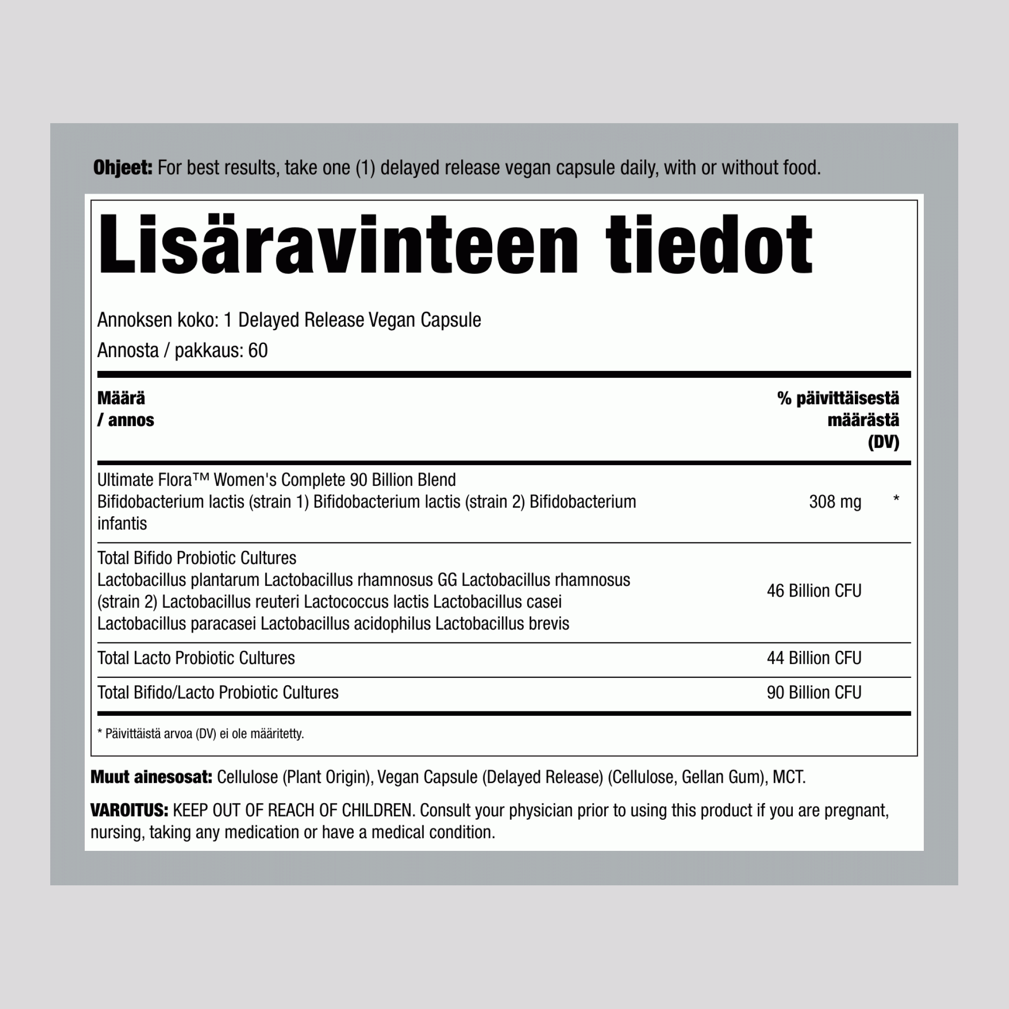 Naisten probiootit 12 kantaa 90 miljardia organismia, 60 viivästettyä vapautusta, vegaanikapselia