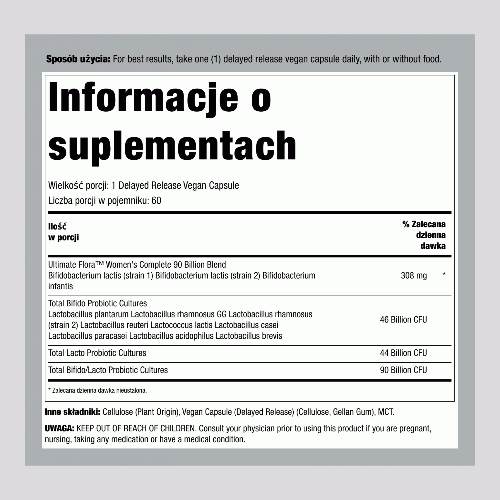 Probiotyk dla kobiet, 12 szczepów, 90 miliardów organizmów, 60 kapsułek wegańskich o opóźnionym uwalnianiu