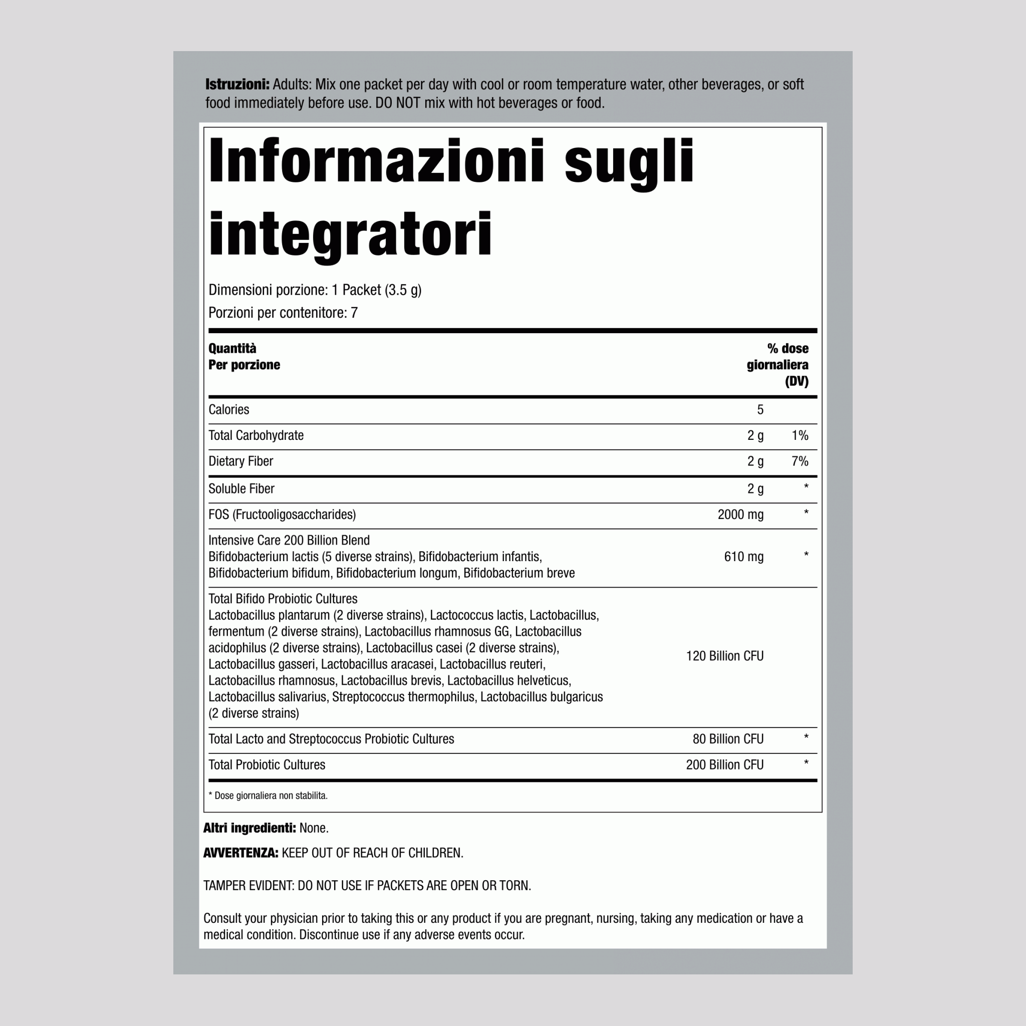 Probiotico, 200 miliardi di CFU, 7 bustine