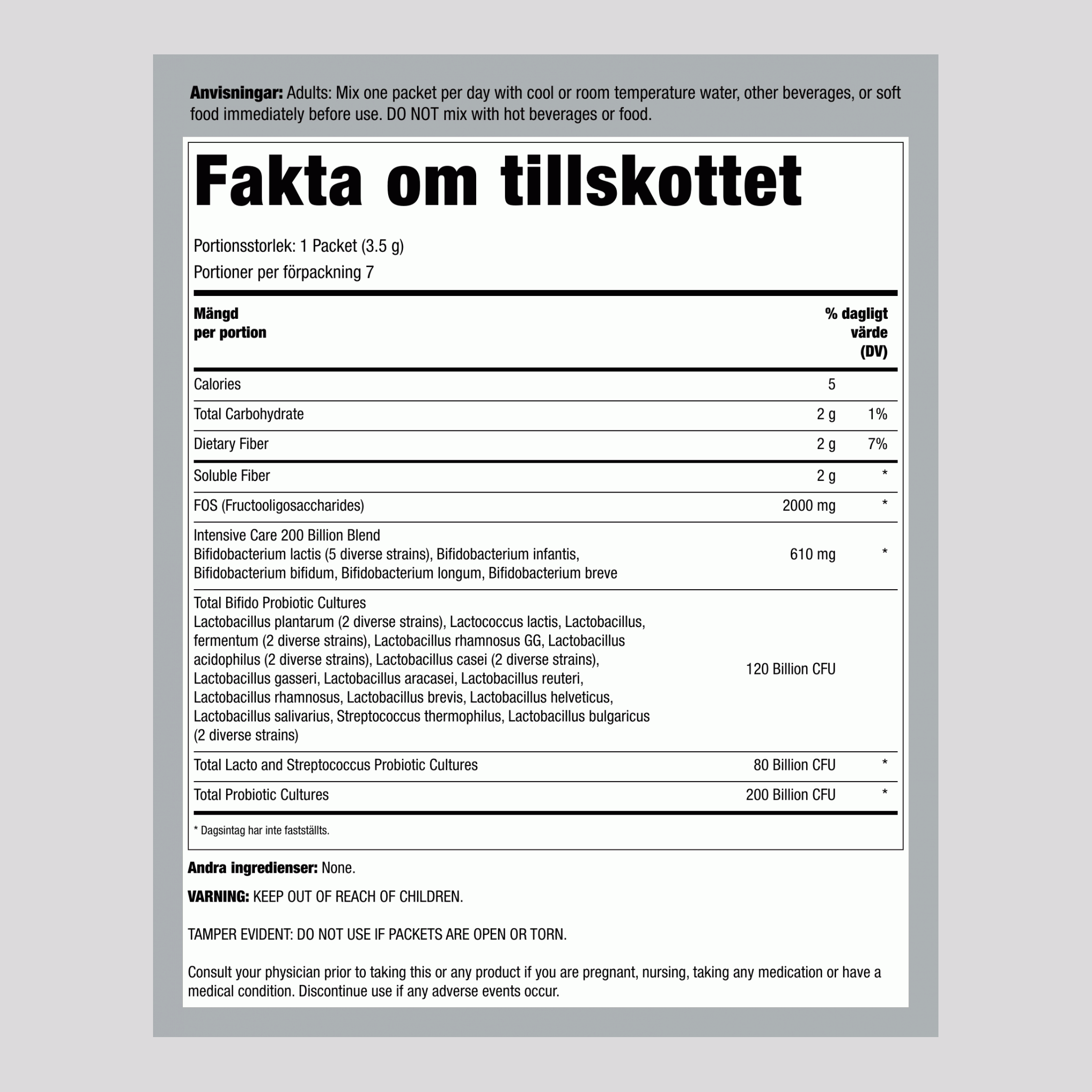 Probiotika, 200 miljarder CFU, 7 påsar