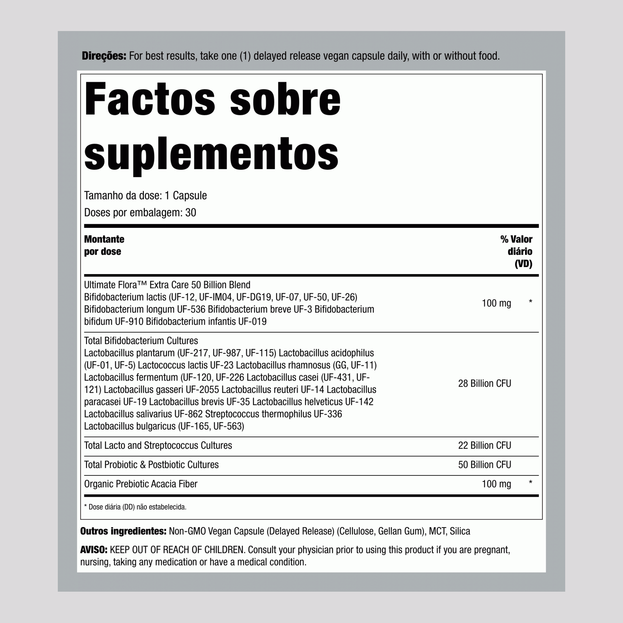 Pré e Probiótico 50 Bilhões, 30 Cápsulas Veganas de Liberação Retardada