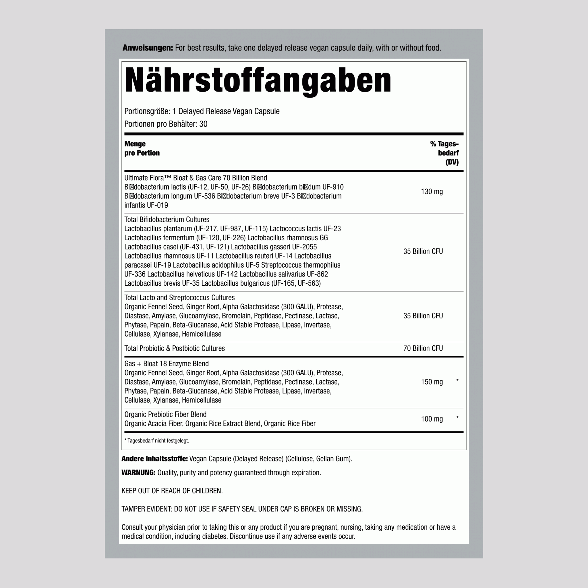 Bloat and Gas Probiotic, 70 Billion CFU, 30 Delayed Release Vegan Caps