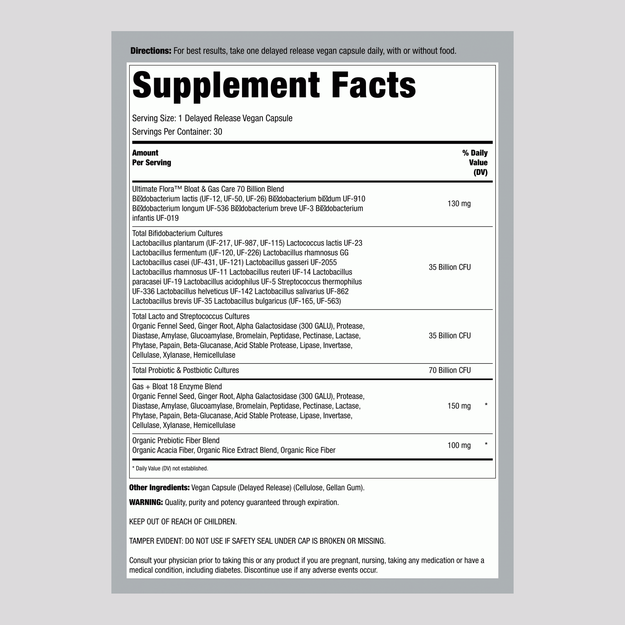 Bloat and Gas Probiotic, 70 Billion CFU, 30 Delayed Release Vegan Caps