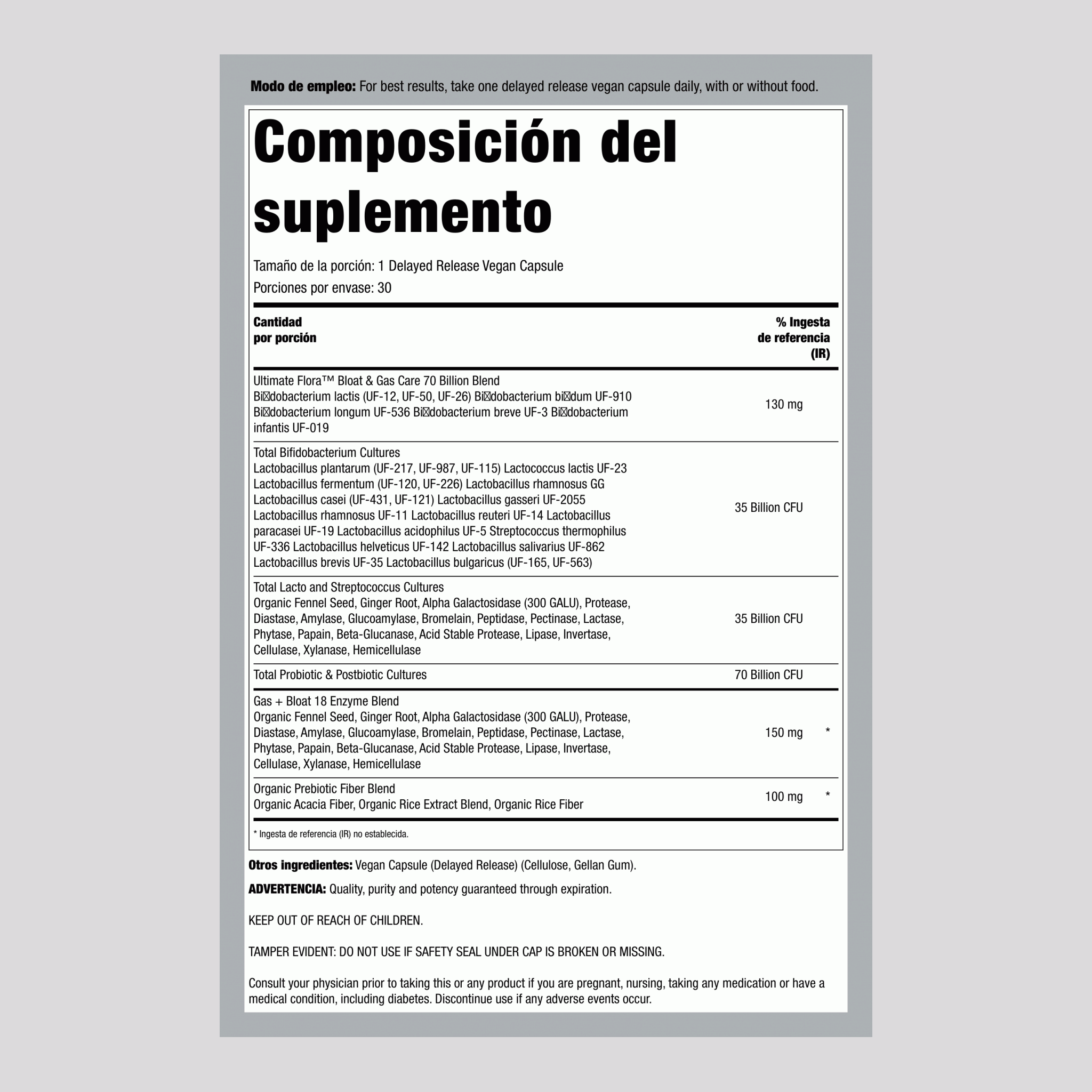 Bloat and Gas Probiotic, 70 Billion CFU, 30 Delayed Release Vegan Caps