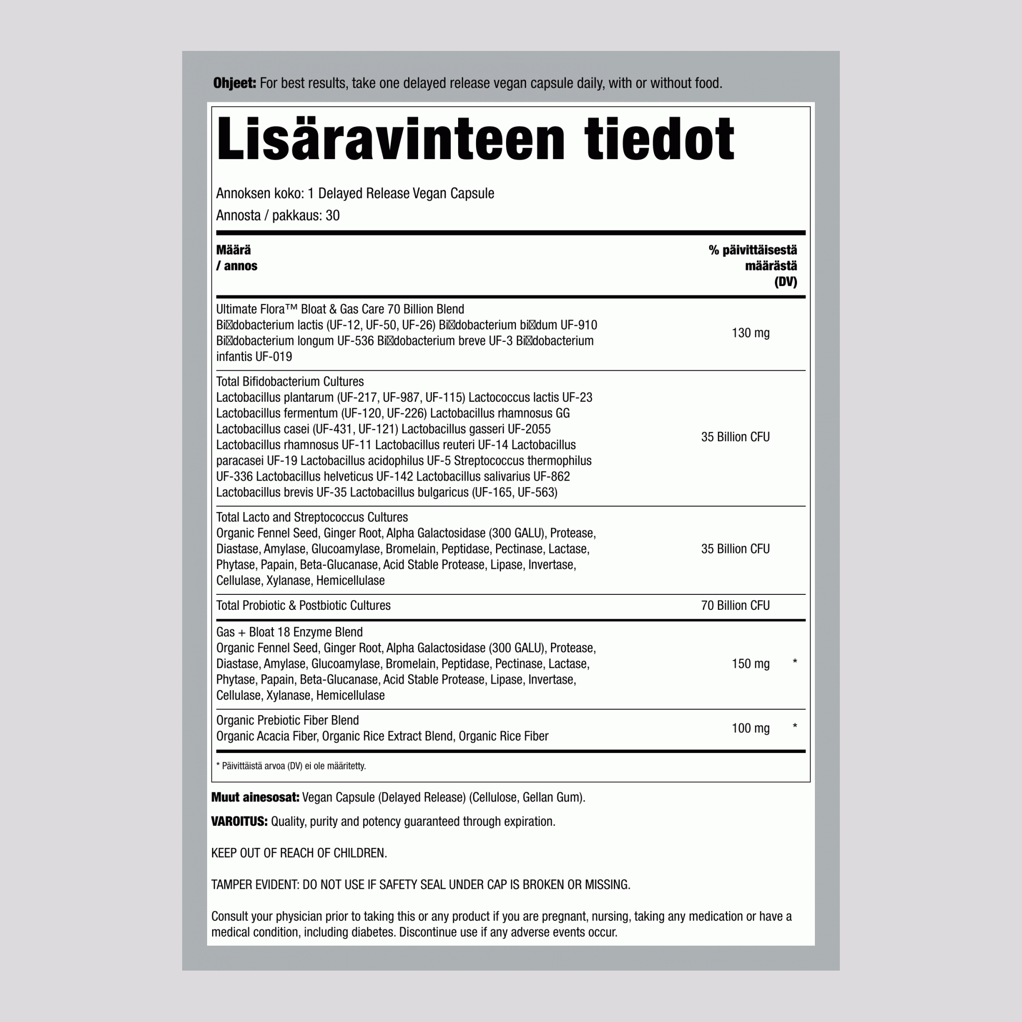 Bloat and Gas Probiotic, 70 Billion CFU, 30 Delayed Release Vegan Caps