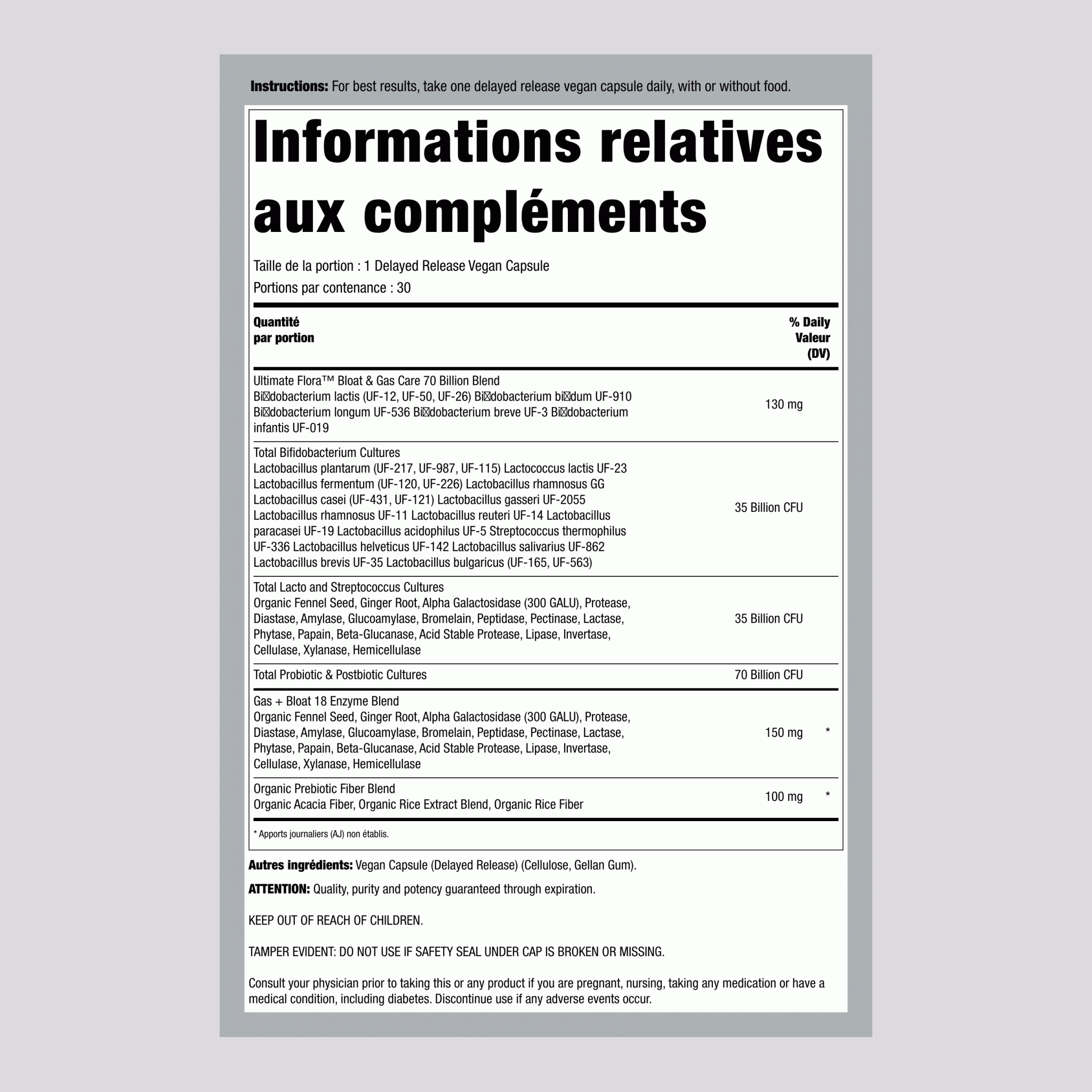 Bloat and Gas Probiotic, 70 Billion CFU, 30 Delayed Release Vegan Caps