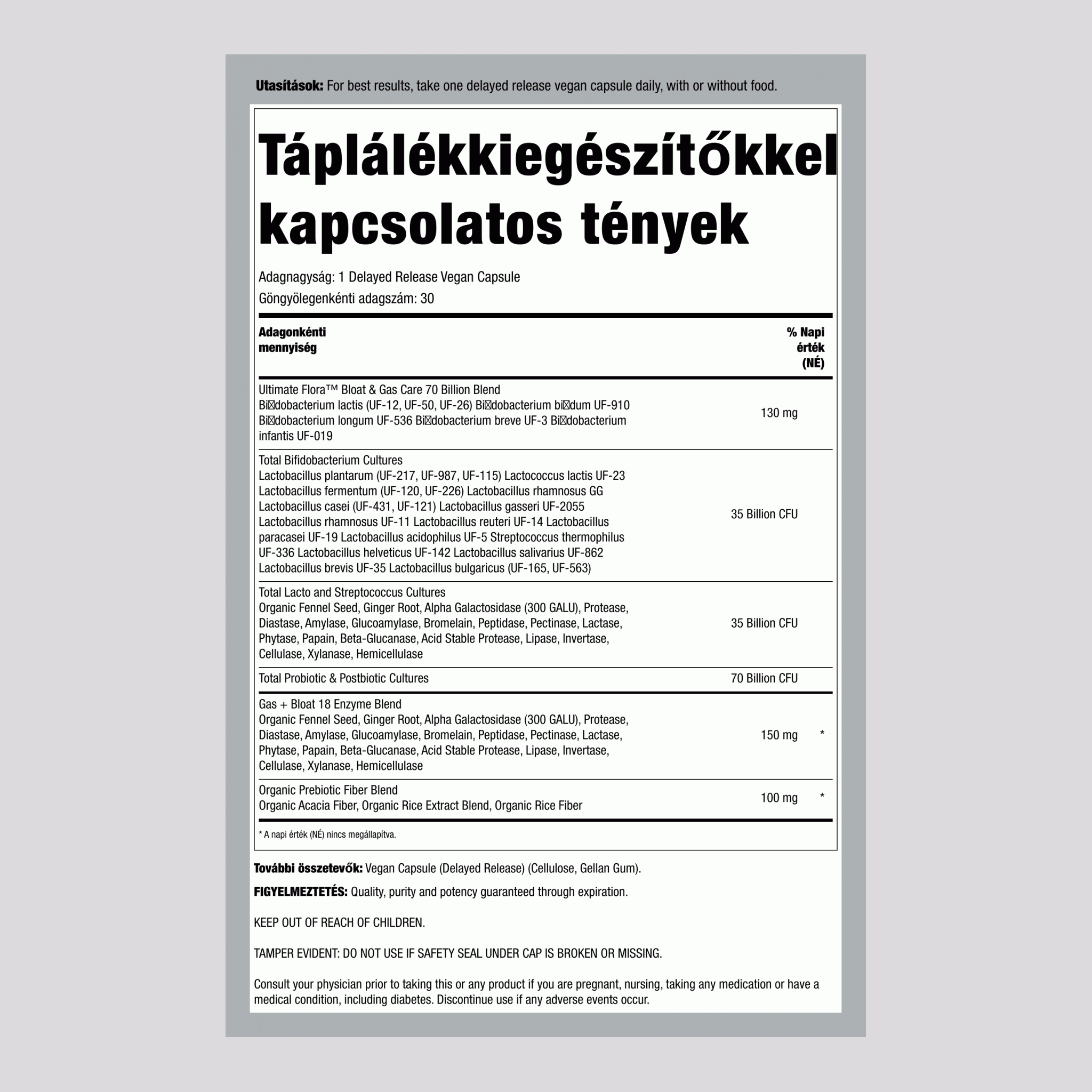 Bloat and Gas Probiotic, 70 Billion CFU, 30 Delayed Release Vegan Caps
