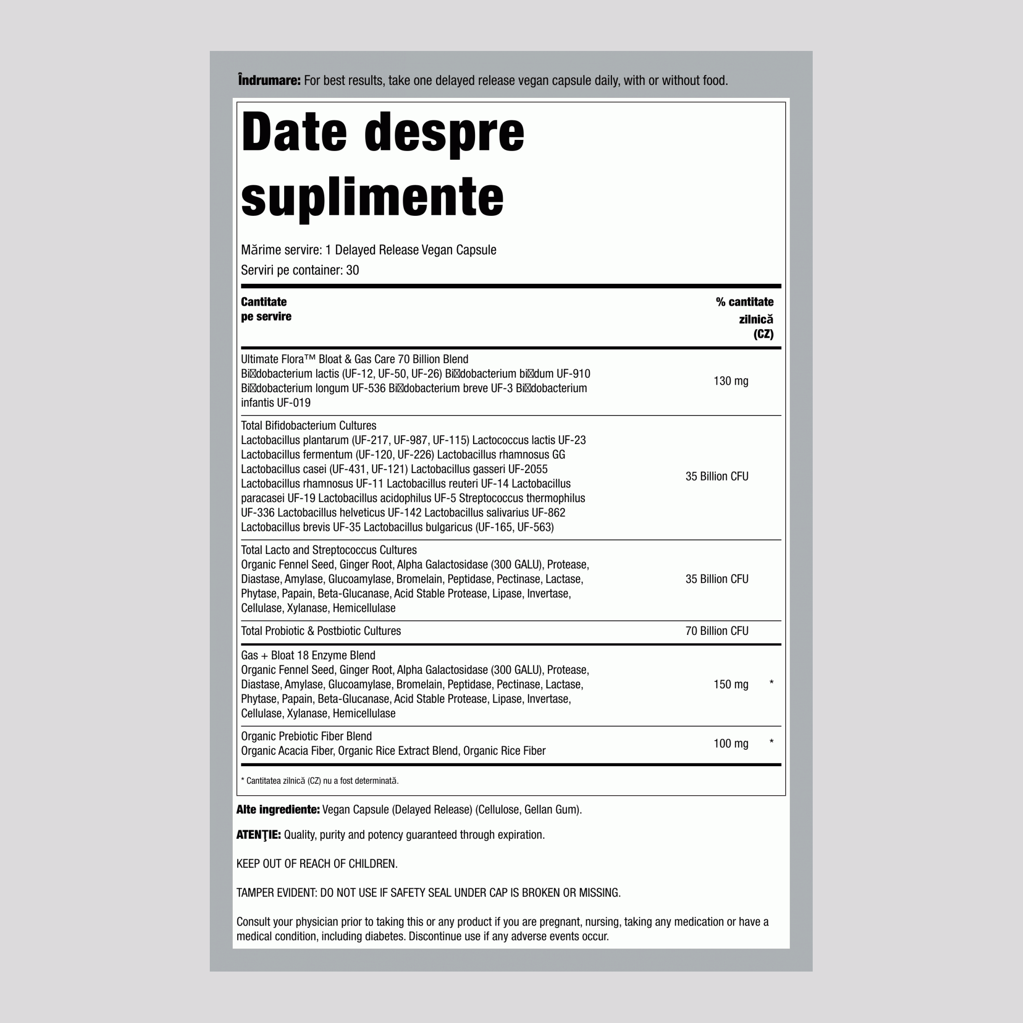 Bloat and Gas Probiotic, 70 Billion CFU, 30 Delayed Release Vegan Caps
