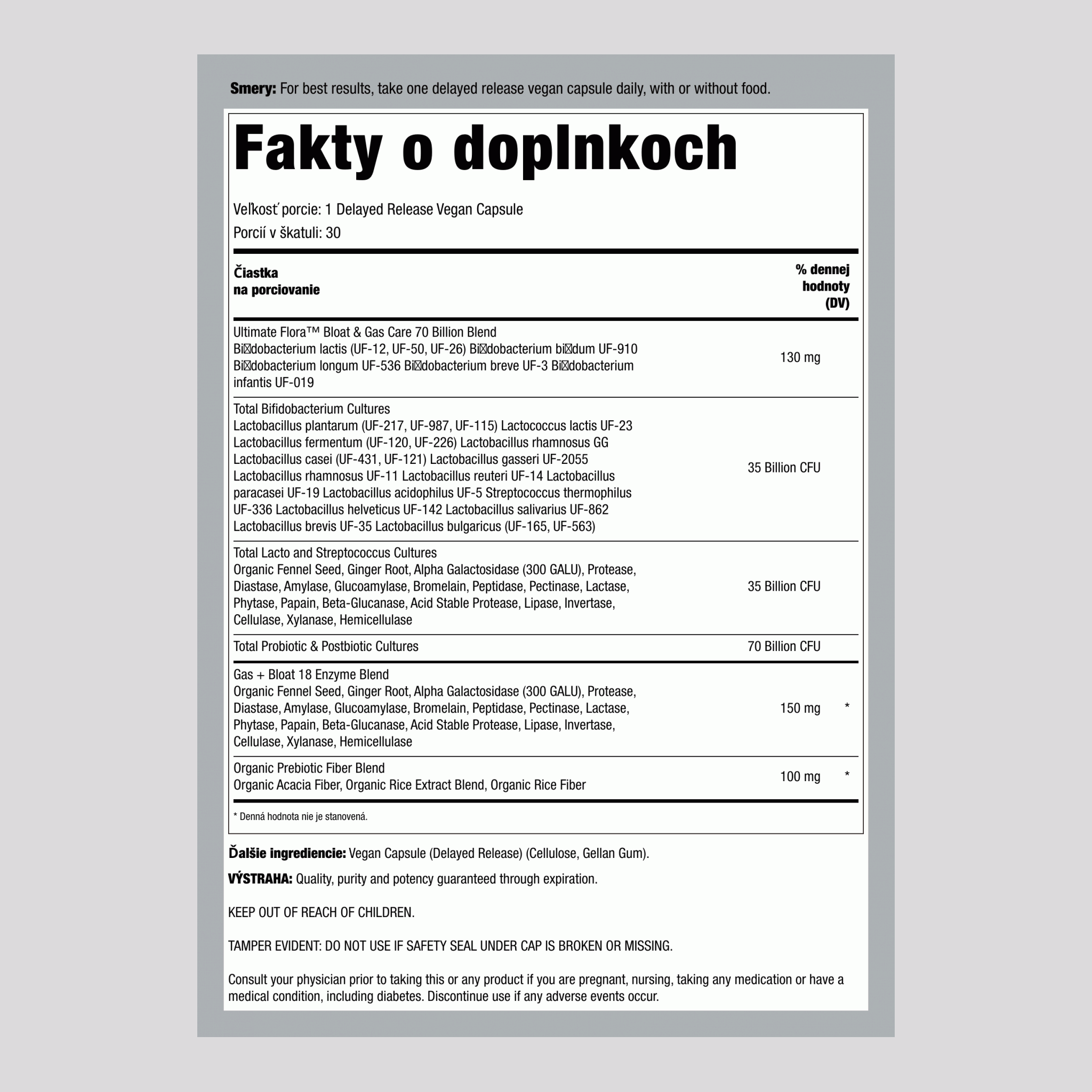 Bloat and Gas Probiotic, 70 Billion CFU, 30 Delayed Release Vegan Caps