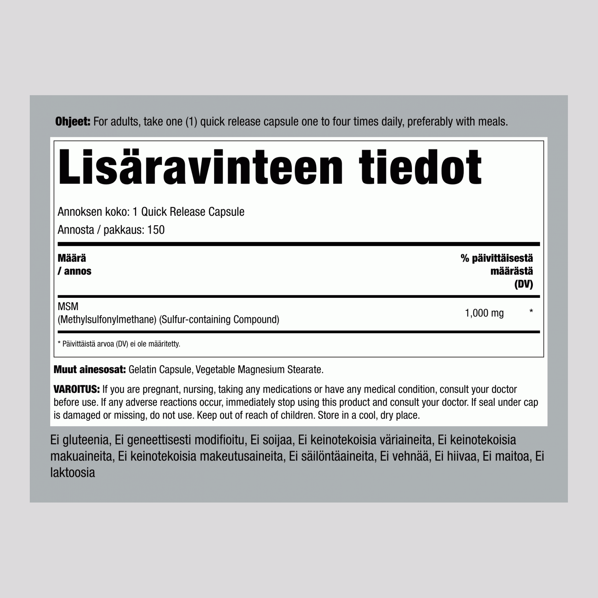 MSM 1000 mg 150 Pikaliukenevat kapselit    