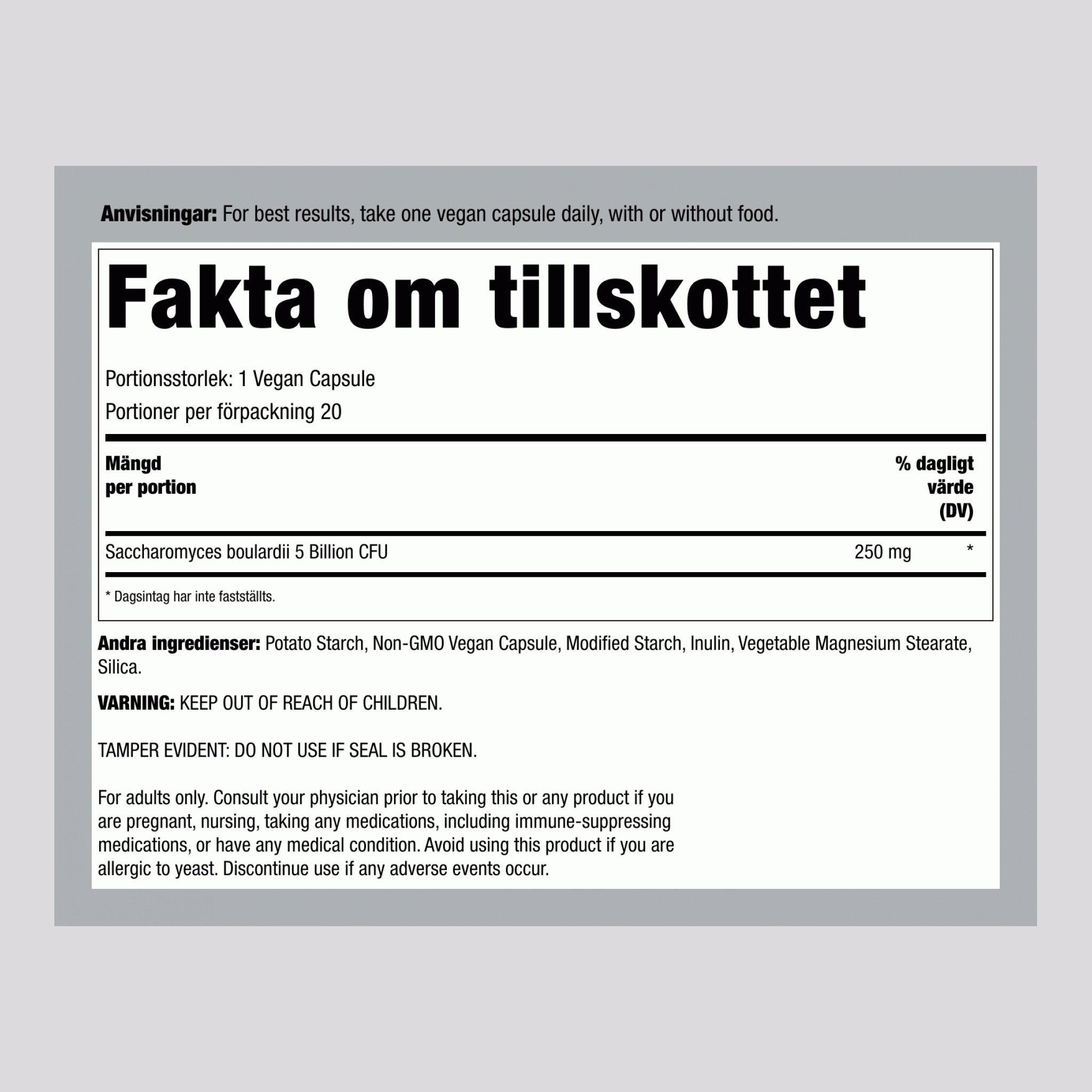 Saccharomyces Boulardii 5 Billion CFU  GO PACK, 20 Vegan Capsules