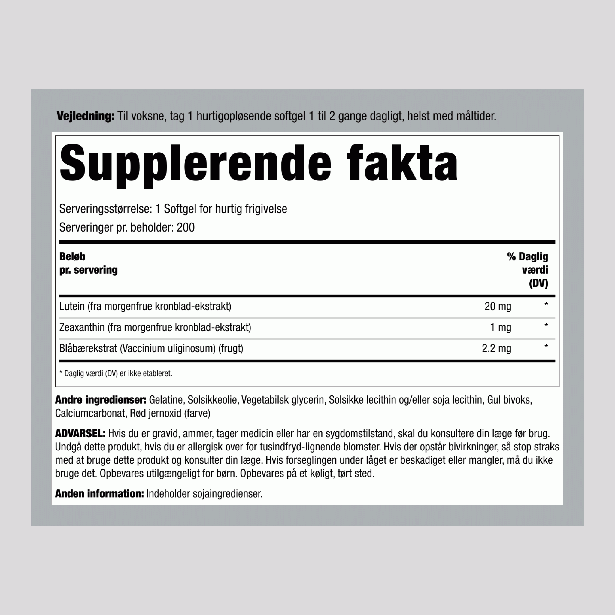 Lutein Blåbær Eye Vision Guard + Zeaxanthin 200 Softgel for hurtig frigivelse       