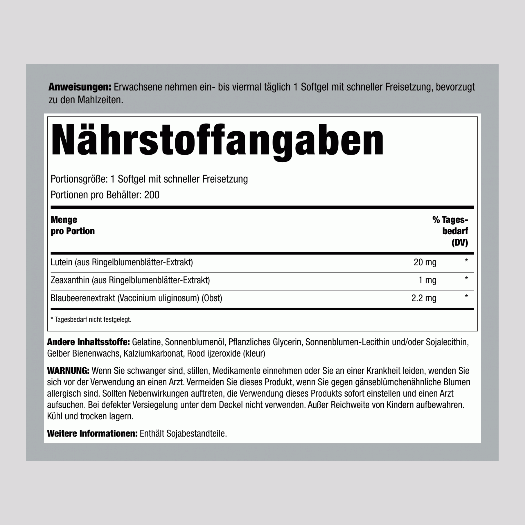 Lutein-Heidelbeer-Augenschutz + Zeaxanthin 200 Softgele mit schneller Freisetzung       