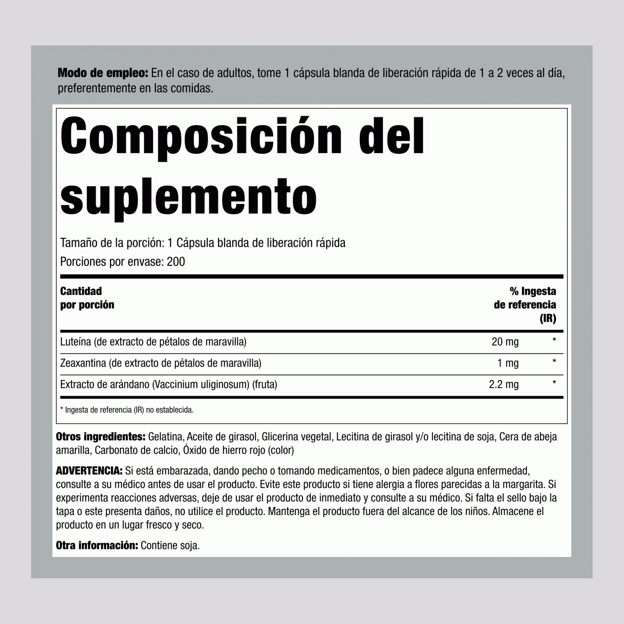 Eye Vision Guard a base de luteína y arándano 200 Cápsulas blandas de liberación rápida       